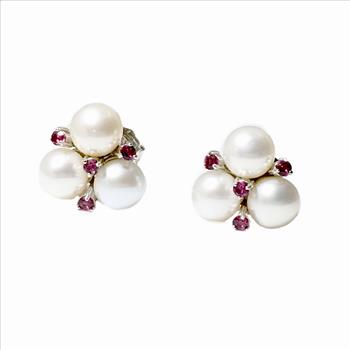 Sterling Silver Pearl Cluster Garnet Stud Earrings 