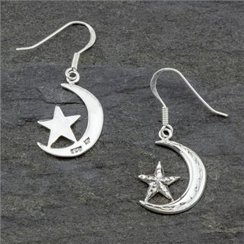 Crescent Moon And Star Dangle hammered Earrings SS