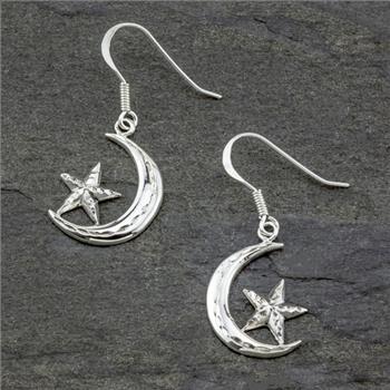 Crescent Moon And Star Dangle hammered Earrings SS