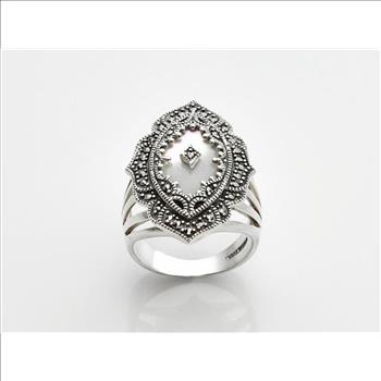 Sterling Silver White Mother of Pearl & Marcasite Ring Size 11