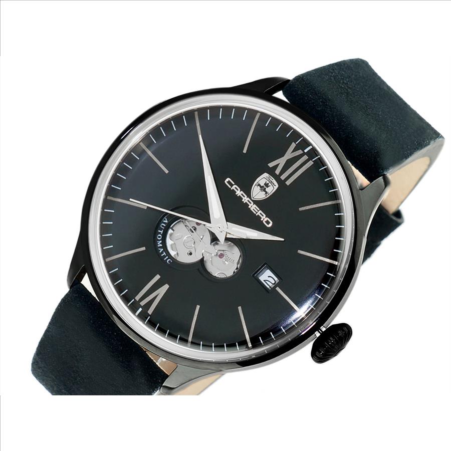 Lechateau, Men's 24-JEWELS AUTOMATIC, WITH HEART BEAT CURVE BLACK DIAL, BLACK-IP TONE, GENUINE LEATHER BAND, (MSRP: $2,268.00)