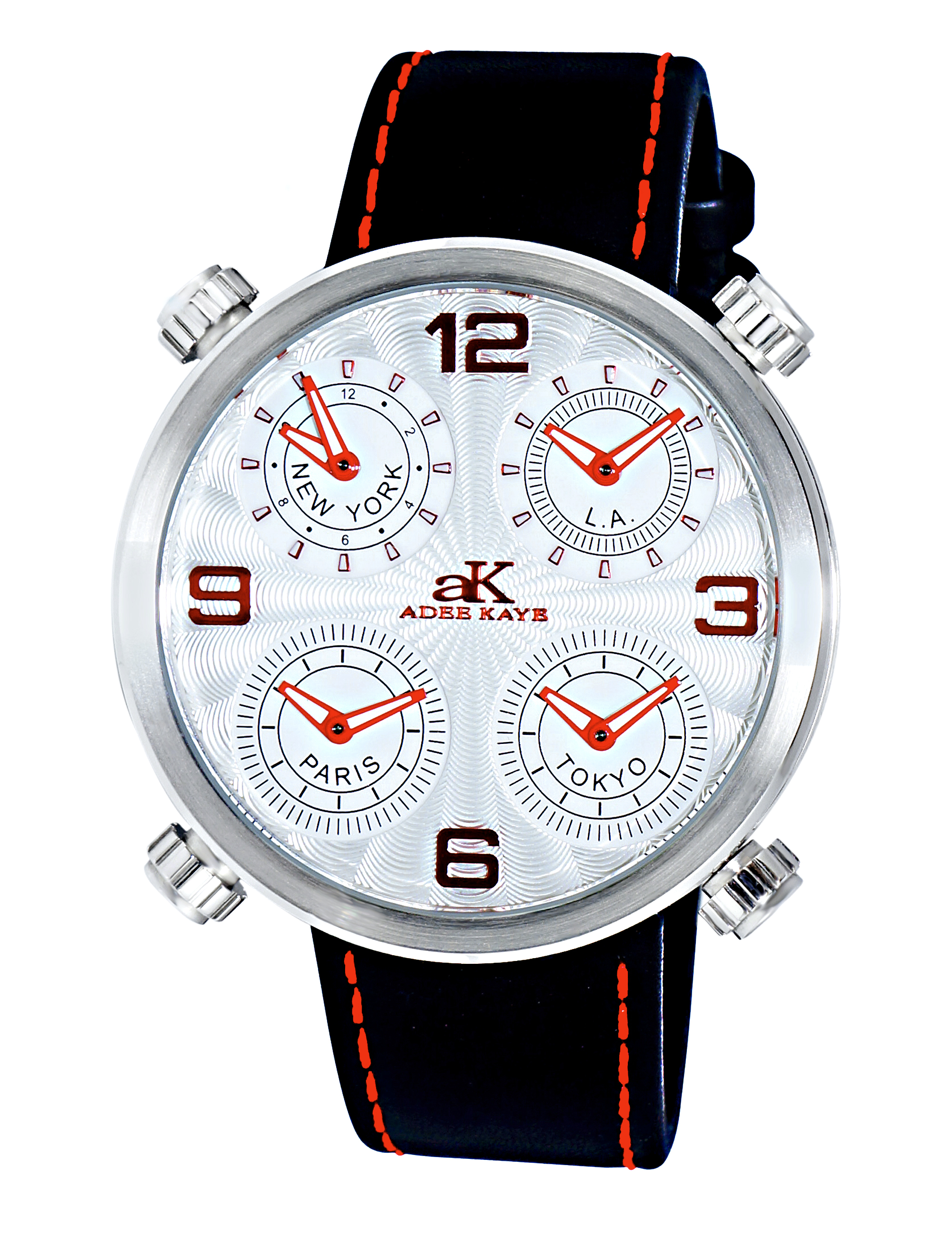 " 4 TIME ZONE WATCH, DOUBLE LAYER DIAL, GENUINE LEATHER BAND, 2275M/SV