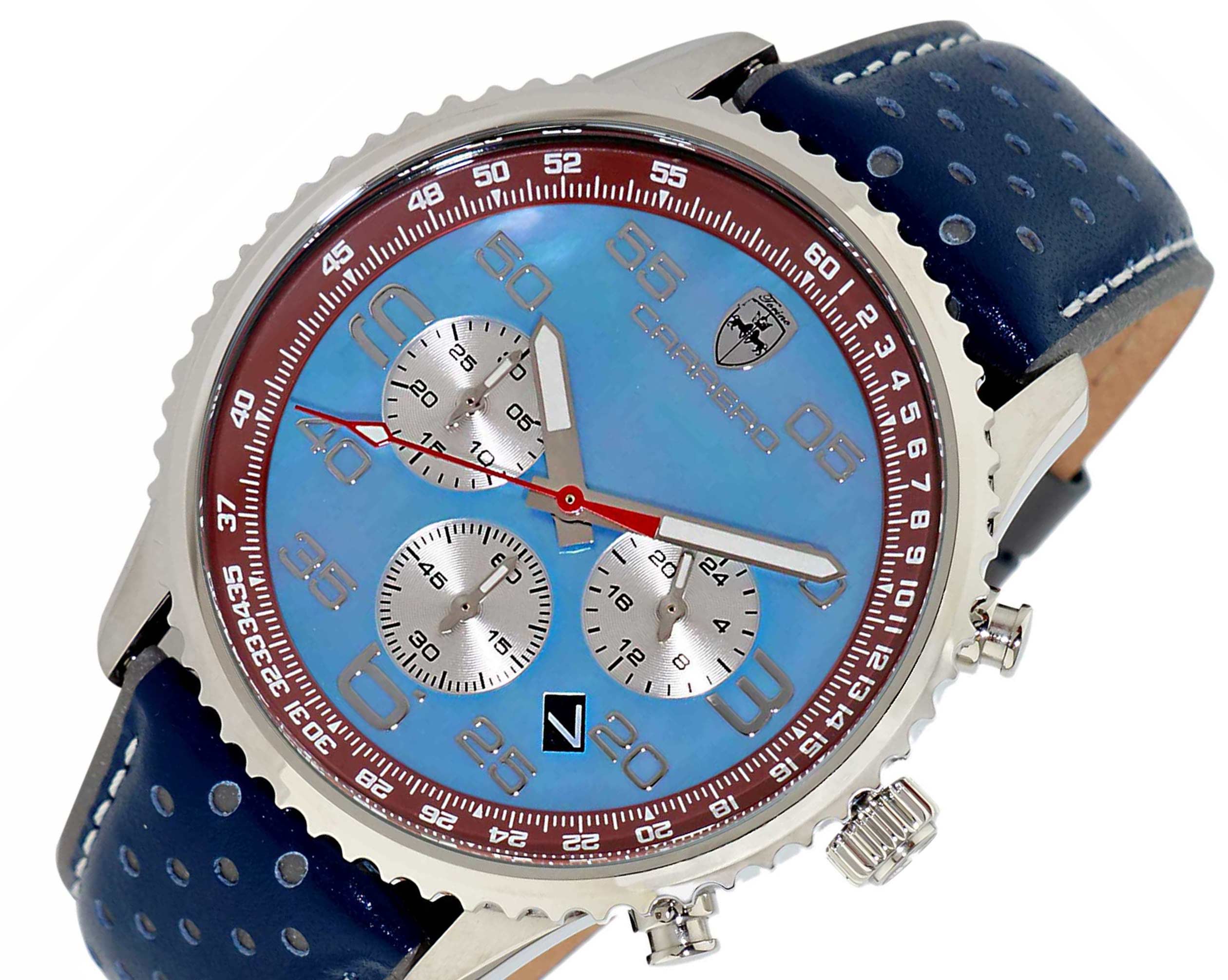 Lechateau, Men's VR32 Chronograph Movement, Blue-Maroon MOP Dial, Blue Leather Strap, C1S7023MR-BNBU_LBU- Retail at (MSRP: $2,148.00)