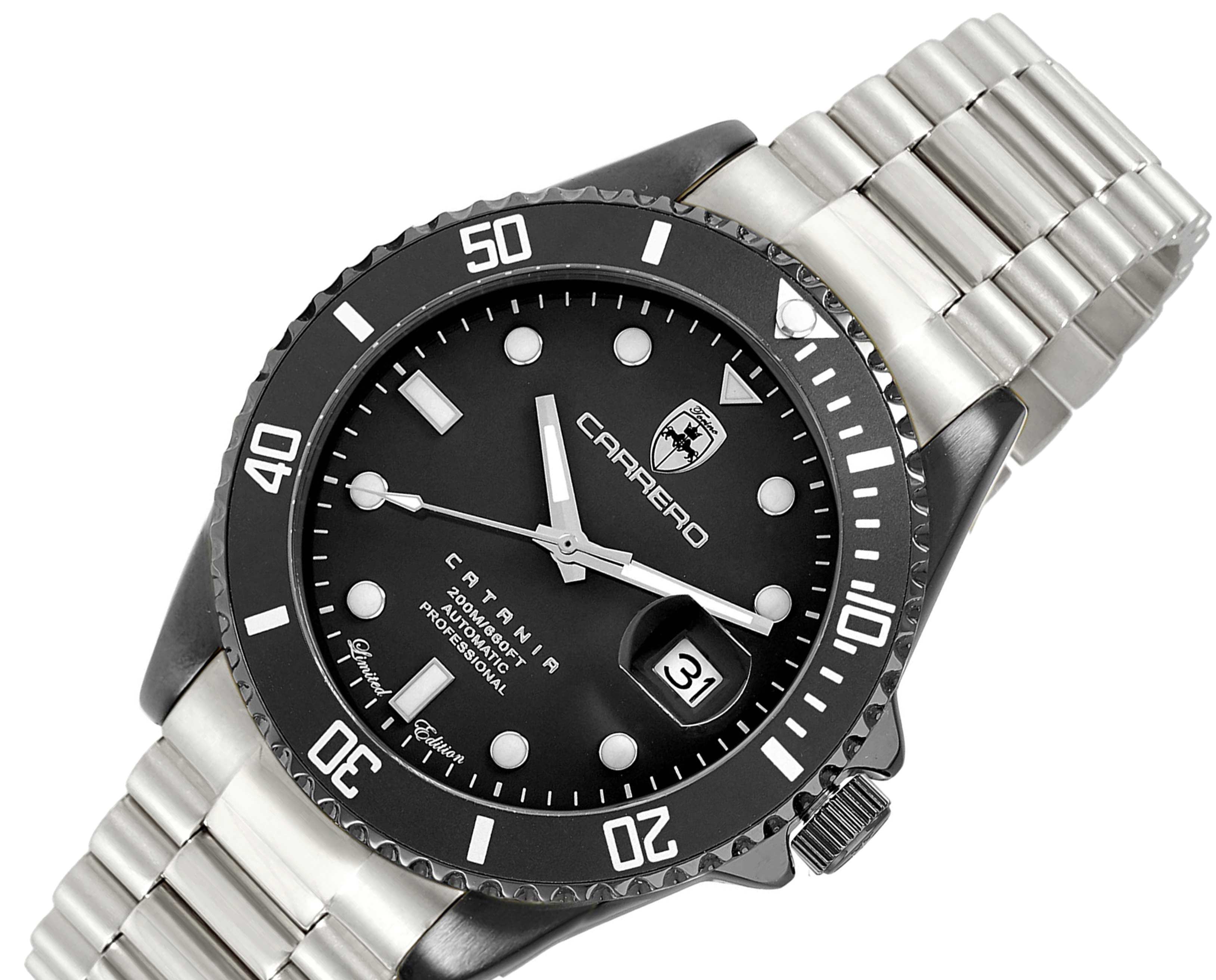 Lechateau Men's Automatic NH35 -21 JEWELS, Magnifying Date Dial with Exhibition Back, Black-IP Case, Silvertone Band, C1BK888BK_SS -  Retail at (MSRP: $ 2,124.00)