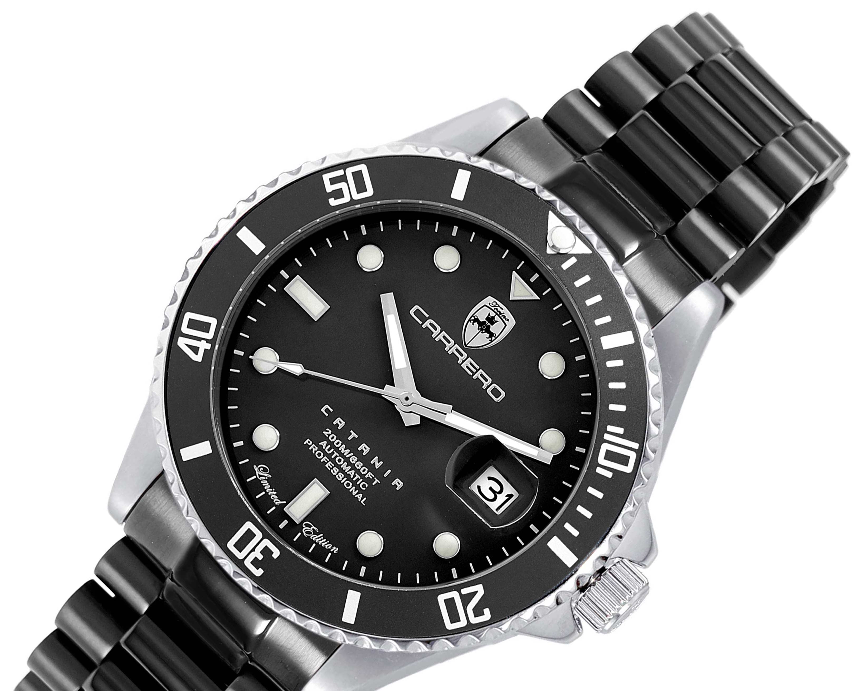 Lechateau Men's Automatic NH35 -21 JEWELS, Magnifying Date Dial with Exhibition Back, Silvertone Case, IP-Black Band - C1S888BK_IPB Retail at (MSRP: $ 2,124.00)