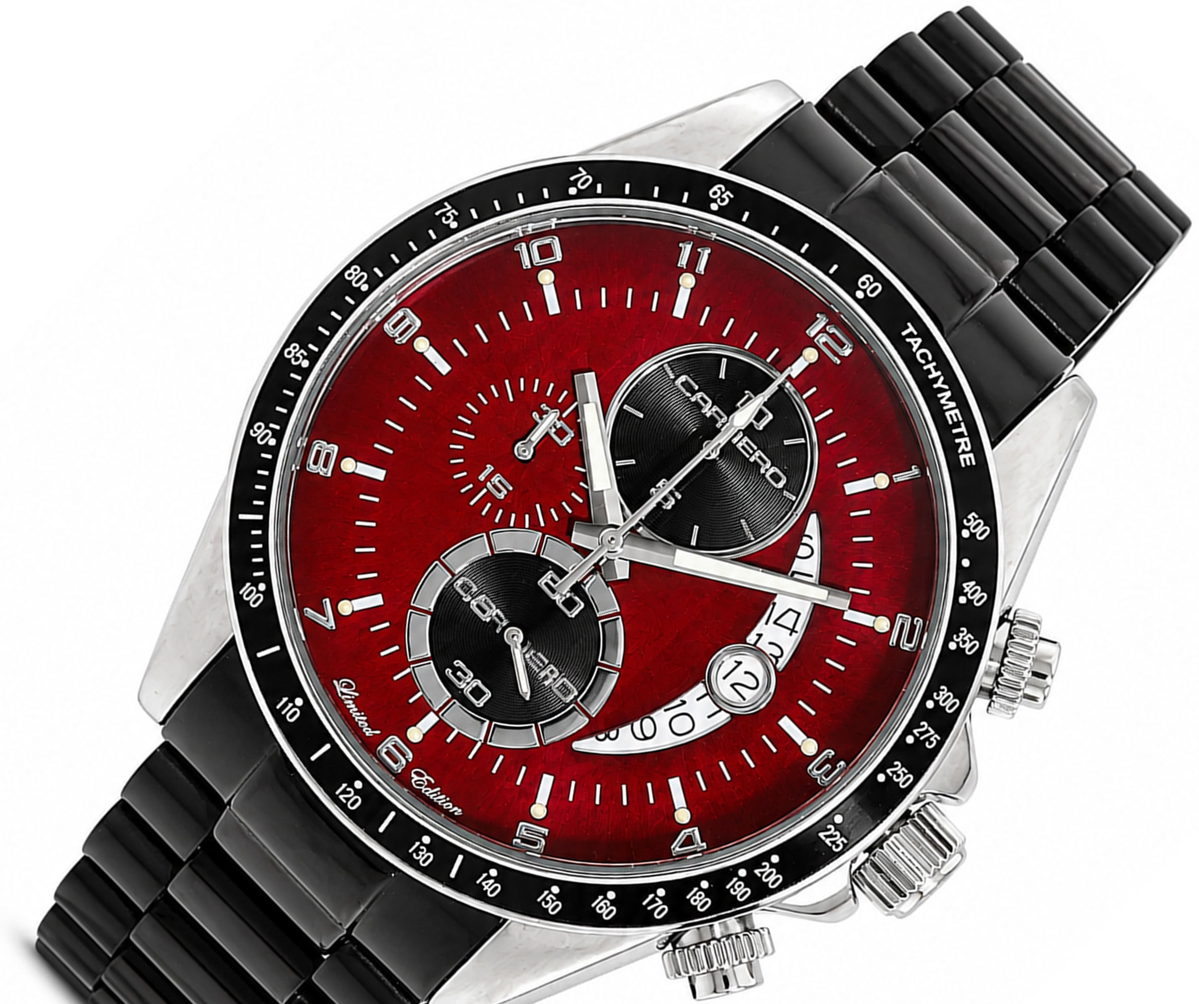 Lechateau Mens, Swiss-Ronda Chronograph Mov't, Maroon - Date Dial,IP-Black tone, MSRP: $2,468.00