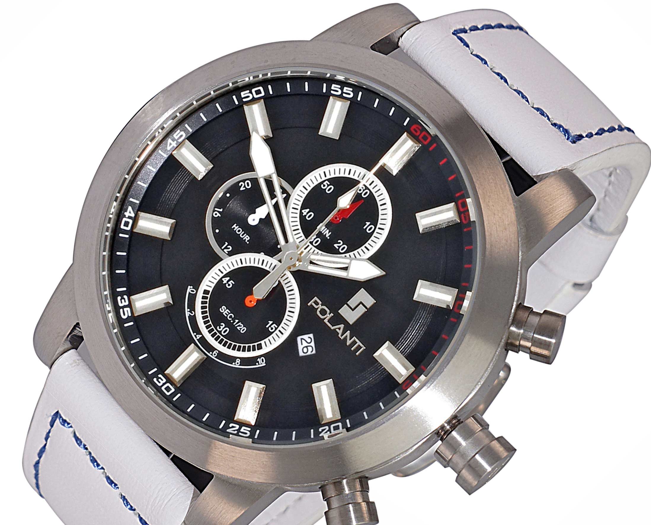 Lechateau Watches - POLANTI Men's Chronograph Mov't. Black Date Dial-White Strap, RG0001W_BK-SS, RETAIL AT (MSRP: $ 794.00)