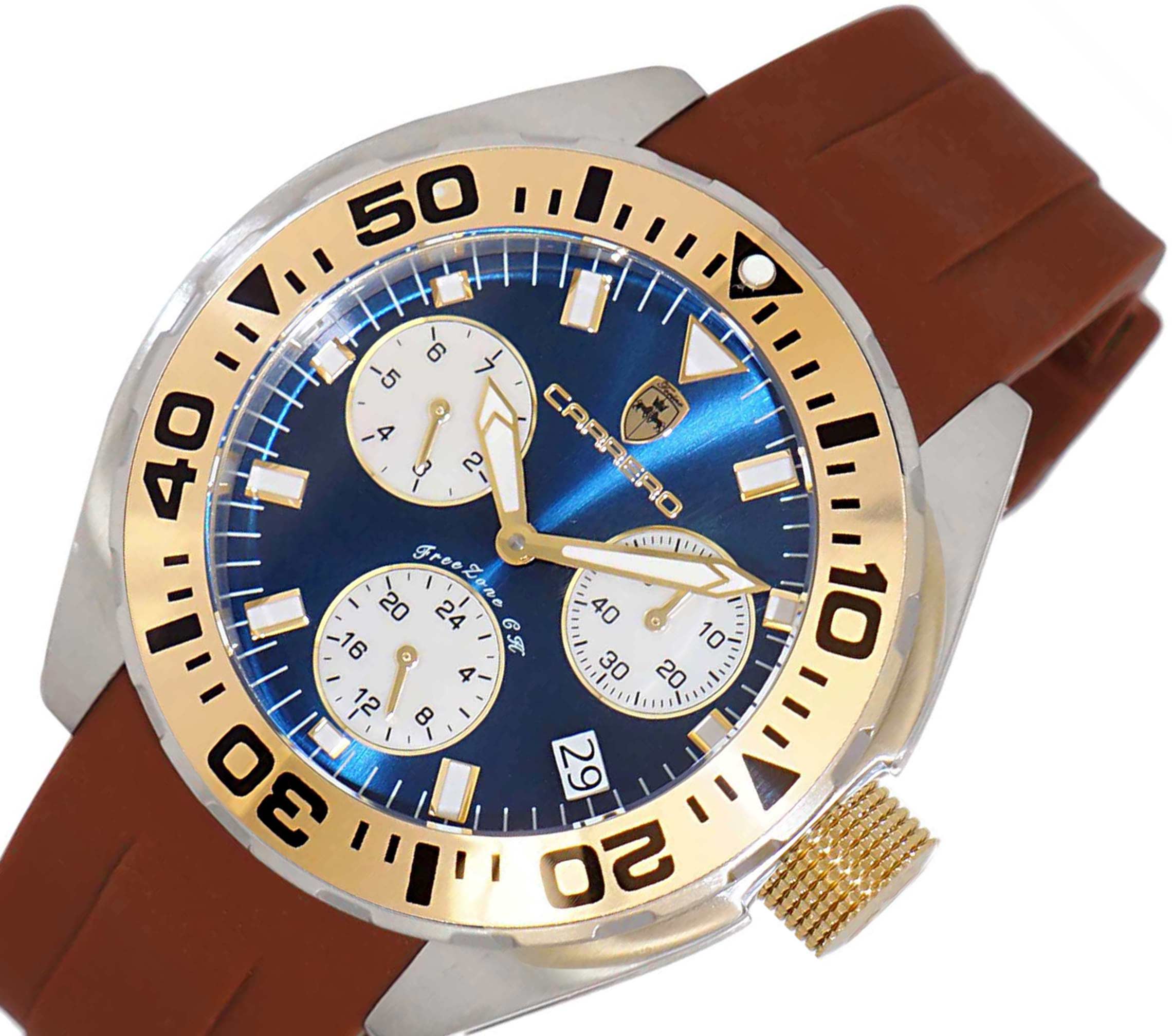 LeChateau, Men's Swiss Multi-Functiom Ronda X30 Mov't, Blue  Dial - Gold Bezel, Brown Silicon Band,  C1G8824-BU_BN - MSRP: $2,340.00