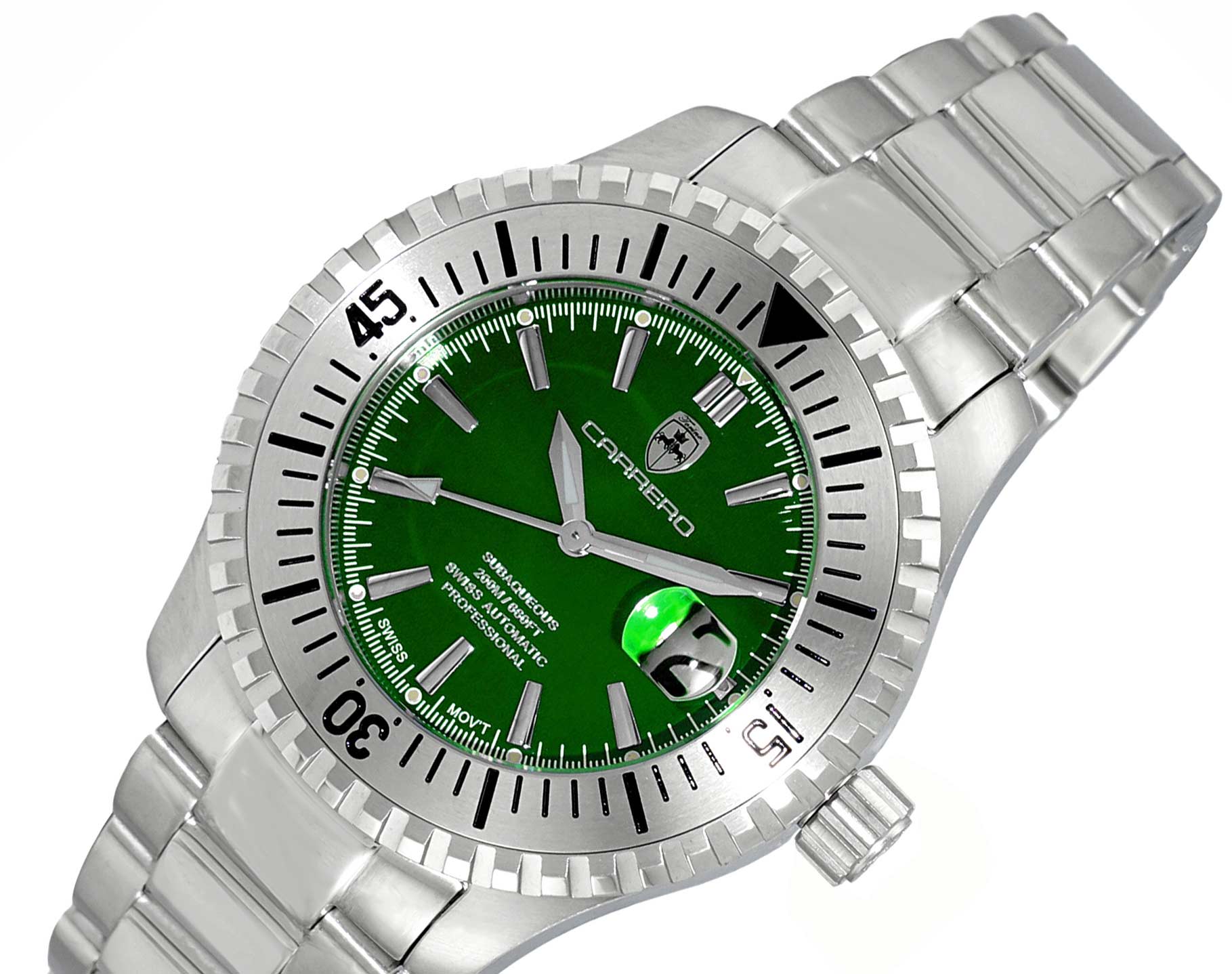 Lechateau Swiss Made Automatic Movement, SELLITA SW-200  -  26 JEWELS , 20 ATM - 200 meters - 660 feet, Green Dial ,  with Exhibition back, MSRP: $2,250.00