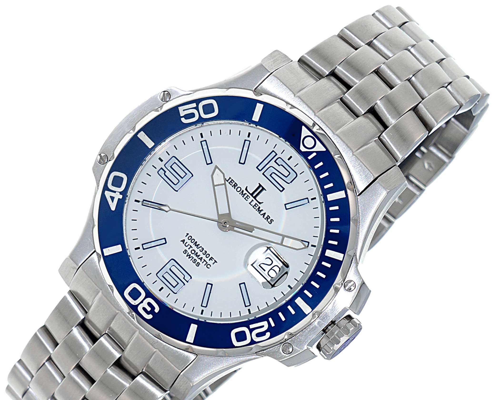 Lechateau,  Swiss Made Automatic Movt - 24 Jewel, White -blue Dial Exhibition Back, (MSRP: $1,295.00)