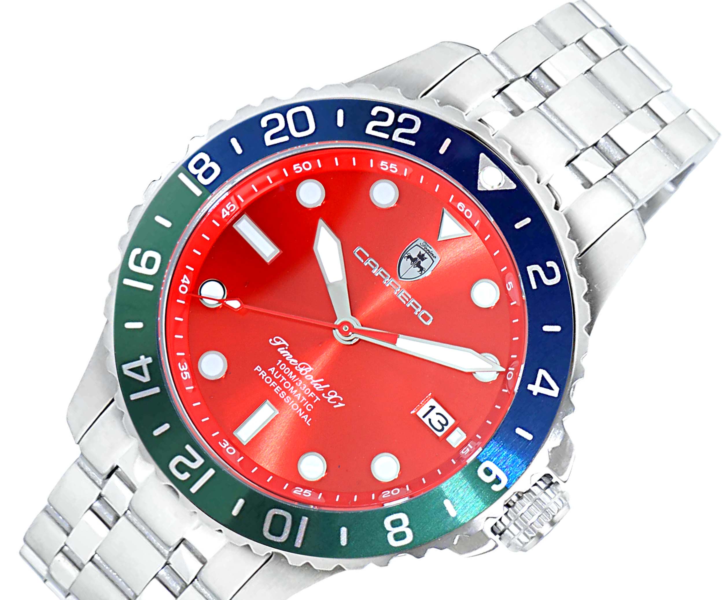 LeChateau, Men's TIME BOLD- X1 COLLECTION, NH35 AUTOMATIC MOVEMENT, 10 ATM, SILVERTONE - BLUE/GREEN - RED DIAL, C1S737BU-GN_RD -MSRP:  $2,340.00