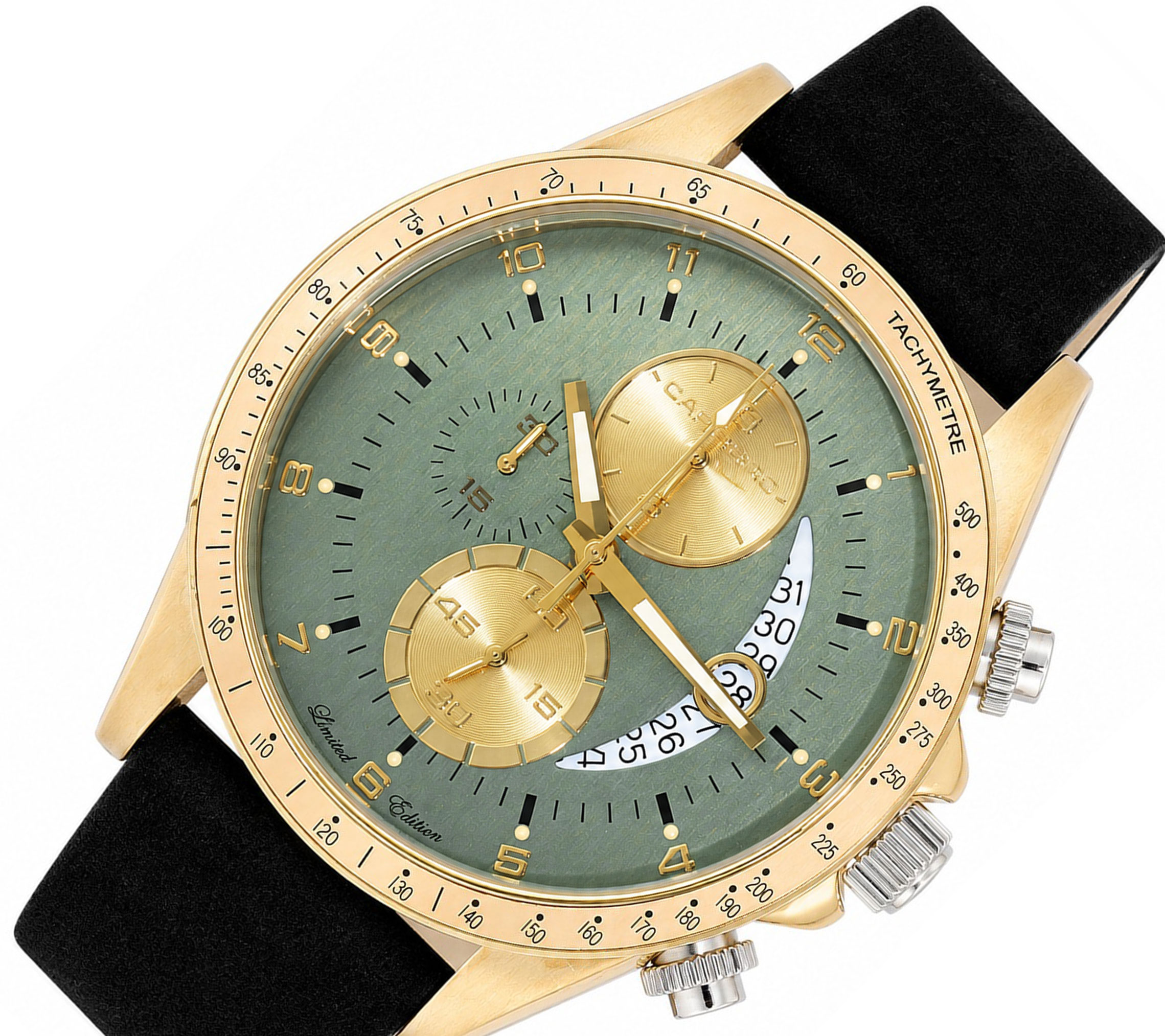 Lechateau Mens, Swiss-Ronda Chronograph Mov't, 2- Told Gold, Teal Green Dial, C2T101LGN-LBK - MSRP: $2,460.00