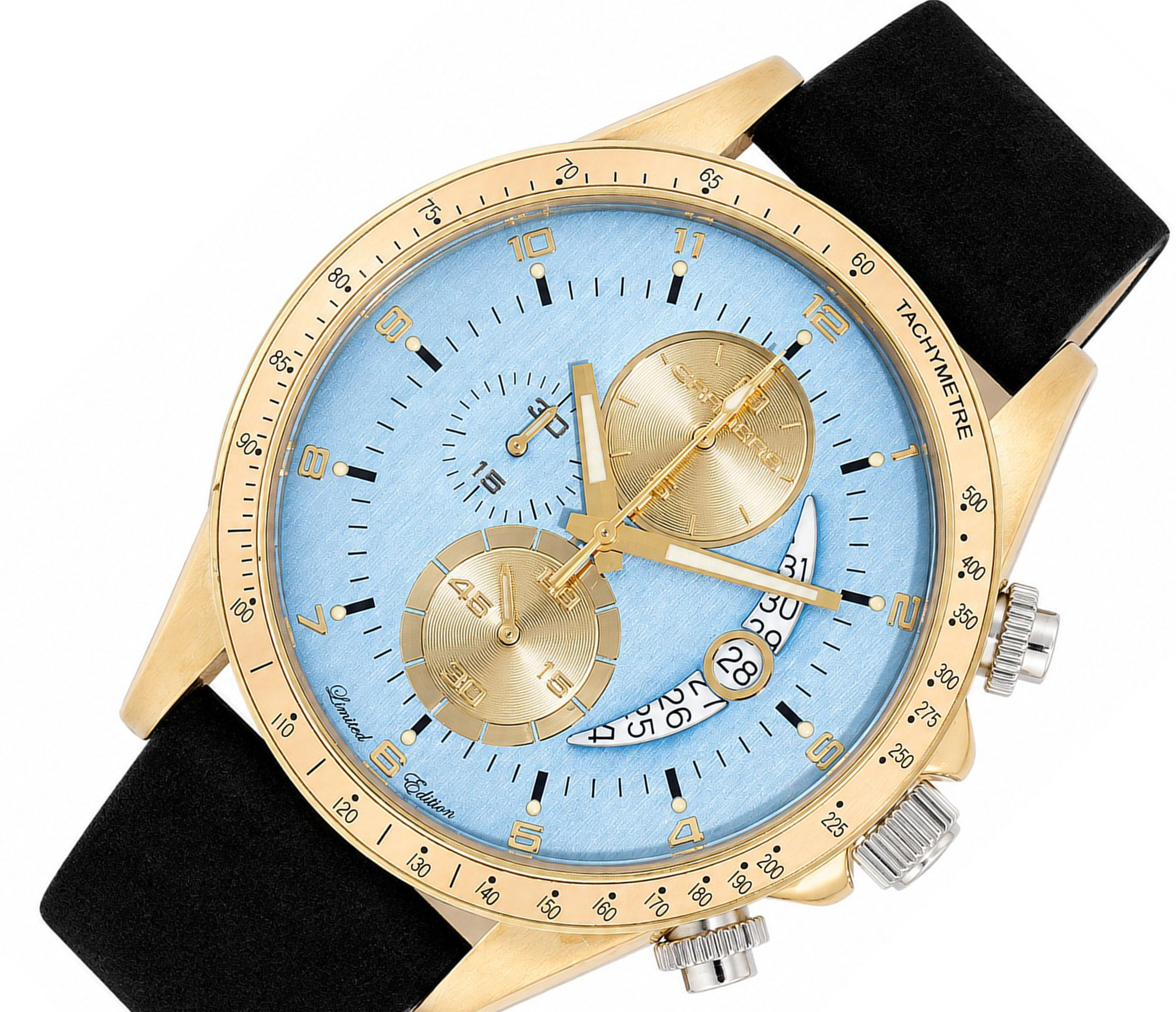 Lechateau Mens, Swiss-Ronda Chronograph Mov't, 2- Told Gold, Teal Blue Dial, C2T101UBU_LBK - MSRP: $2,460.00