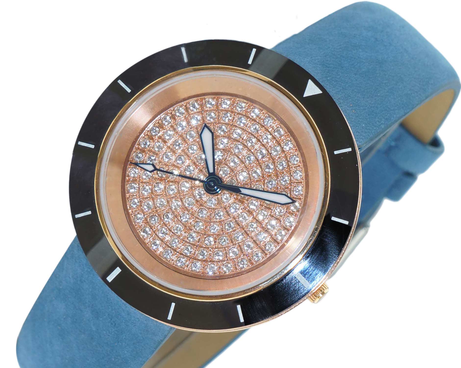 ONISS  Ladies, Black High-tech Ceramic and Stainless Steel Case and Blue Genuine Leather Strap, Rose tone , ON7263-LBU (MSRP:  $550.00)