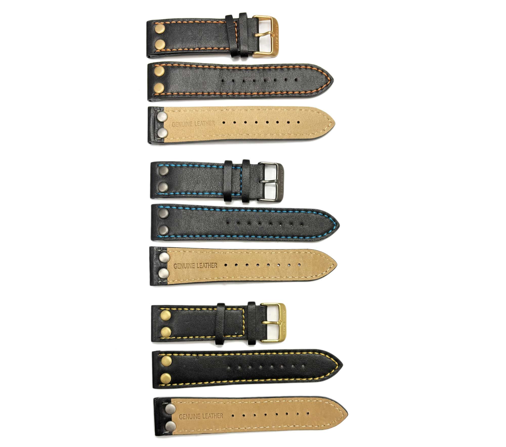 GENUINE LEATHER STRAP (24 mm) -  SET OF 3 (ORANGE-GOLG/BLUE - IPGUN/YELLOW-GOLD) SOFT SHINE TEXTURE - AK0007-3SET
