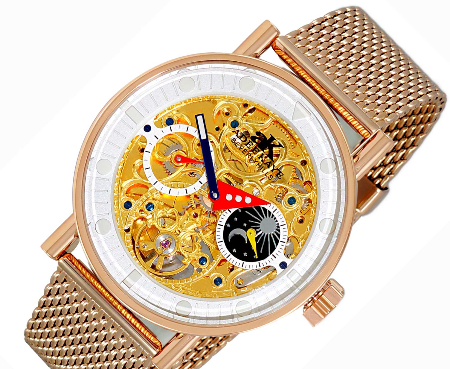 Adee kaye Skeleton Automatic -21 Jewels Movement , Sun and Moon Phase, AK2266-40RG_Meash, Retail at $750.00