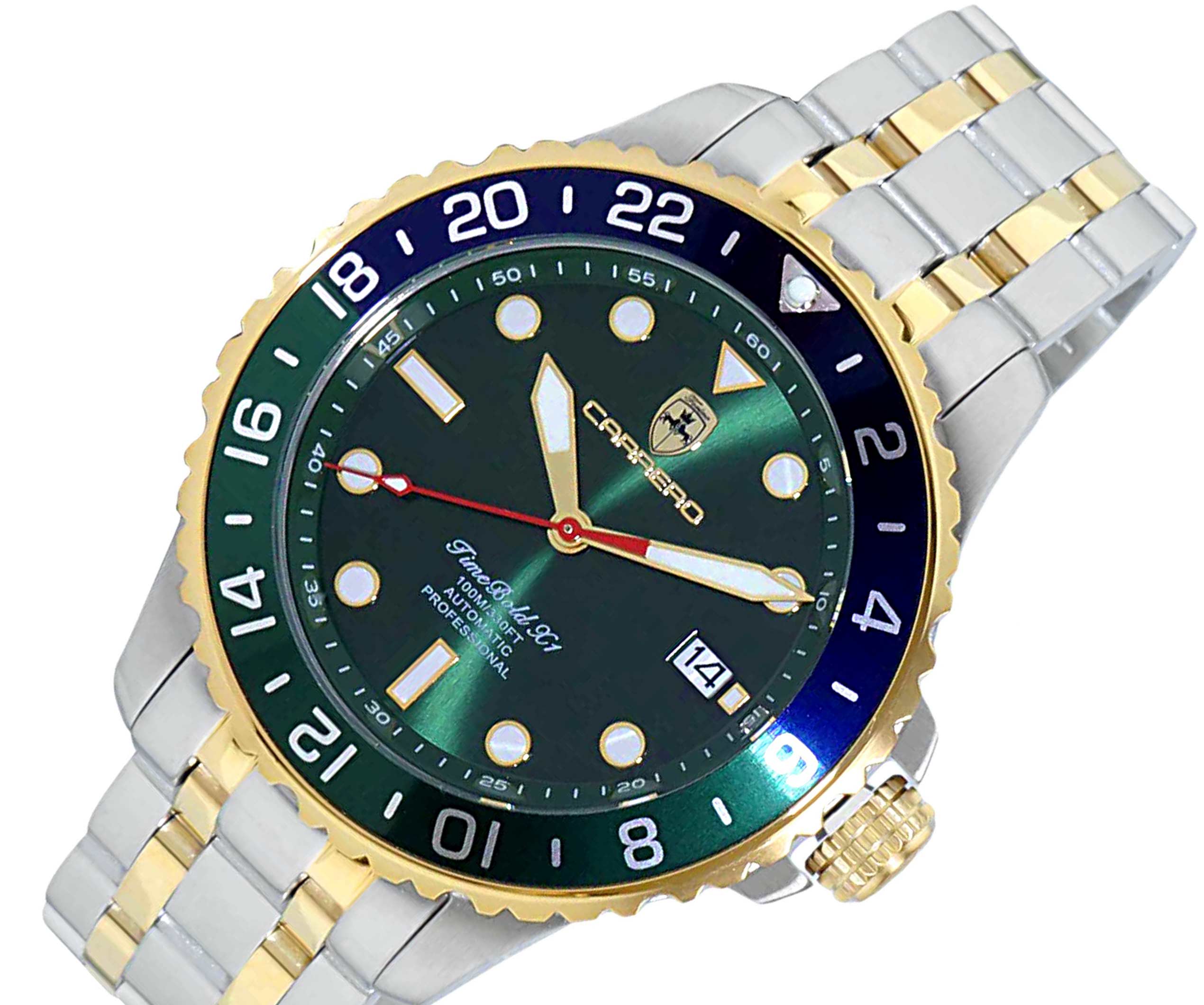 TORINO CARRERO, TIME BOLD- X1 COLLECTION, NH35 AUTOMATIC MOVEMENT, 10 ATM, 2-TONE GOLD , GREE DIAL_ GREEN/BLUE BEZEL, (MSRP: $2,340.00)