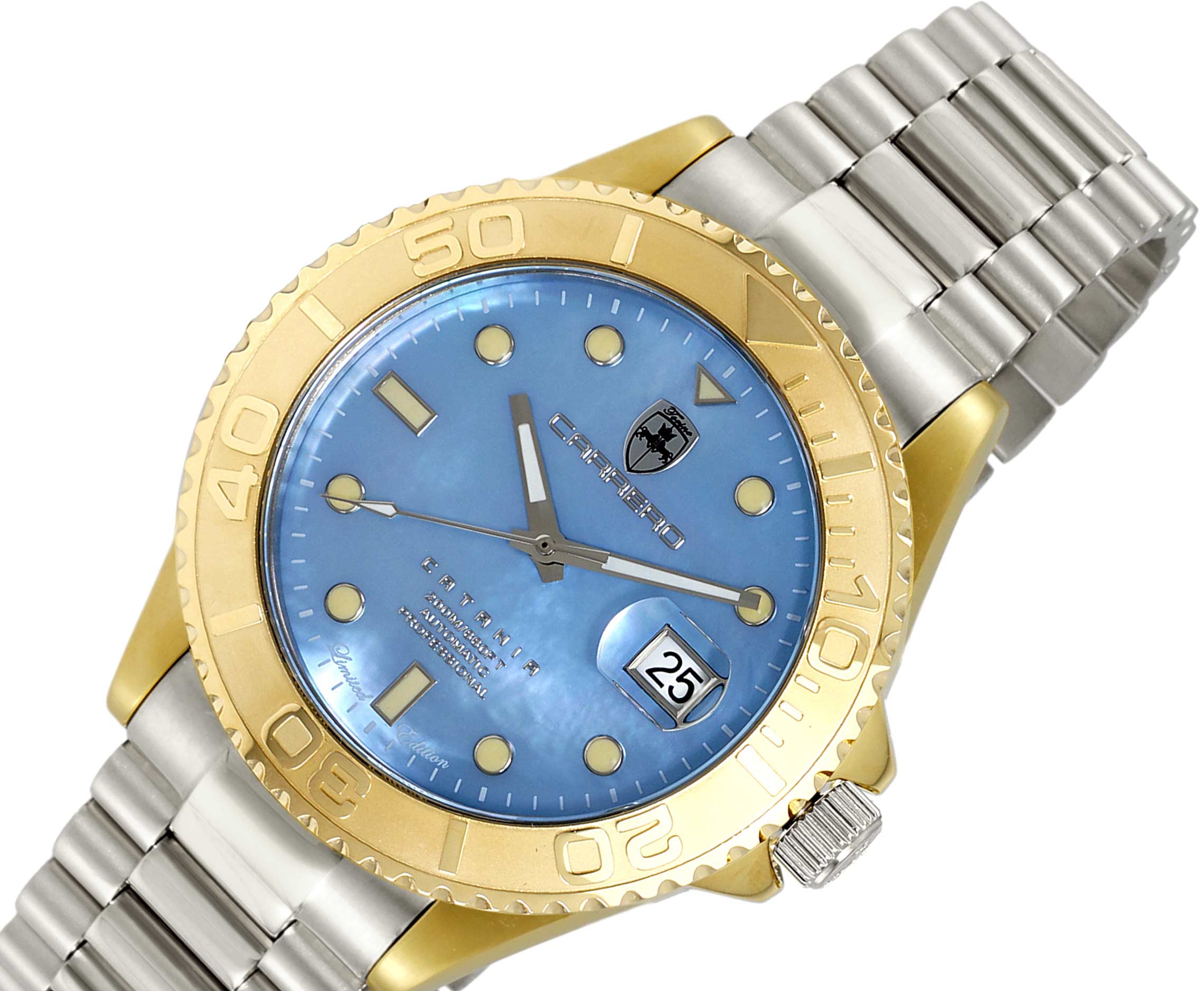 Lechateau Watches Men's Automatic - Magnifying Date, Blue MOP Dial with Goldtone Case  - C1G266BK-BU_SS - Retail at (MSRP: $ 2,124.00)