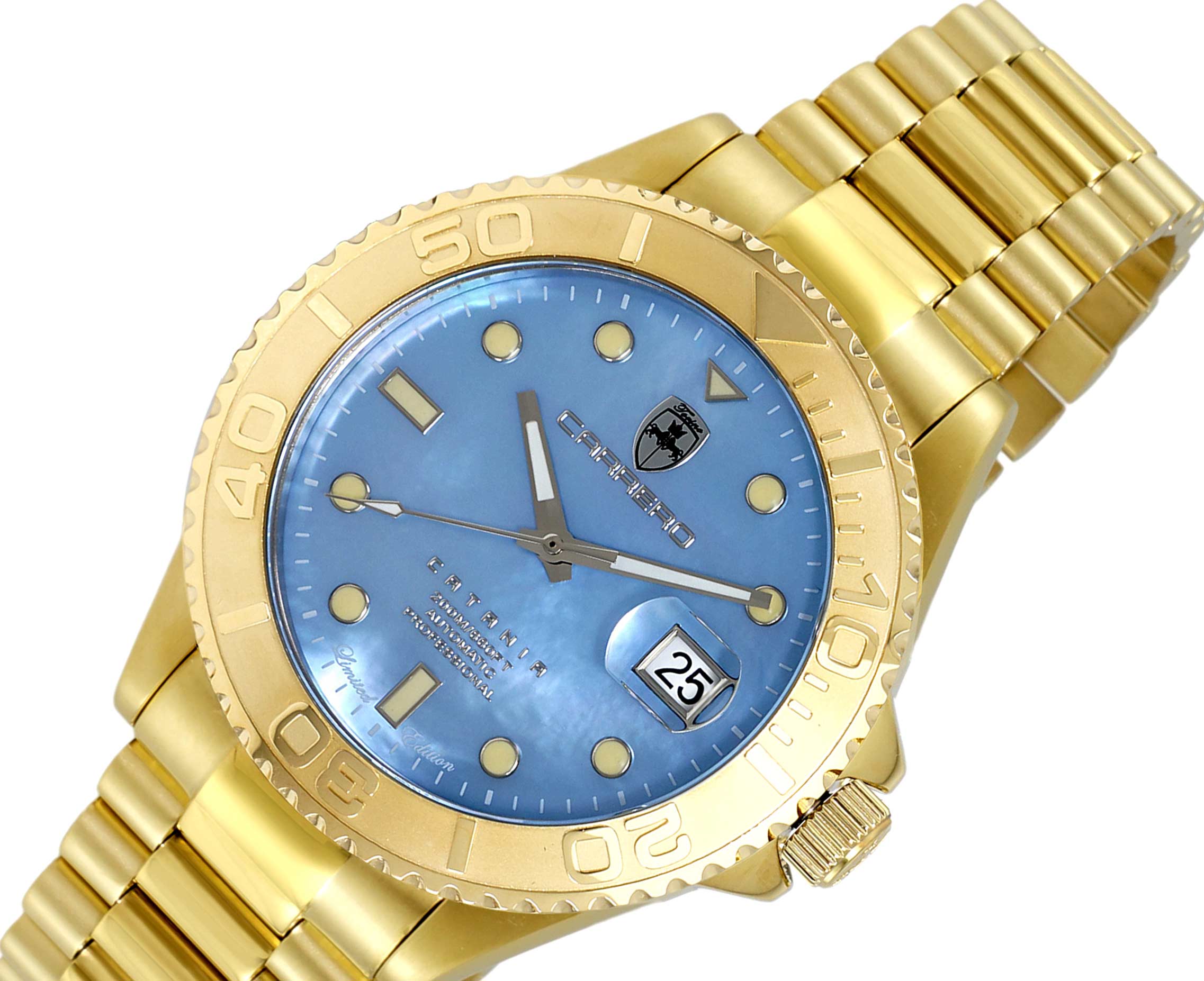 Lechateau Watches Men's Automatic - Magnifying Date, Blue MOP Dial with Goldtone Case and Band  - C1G266GO-BU - Retail at (MSRP: $ 2,124.00)