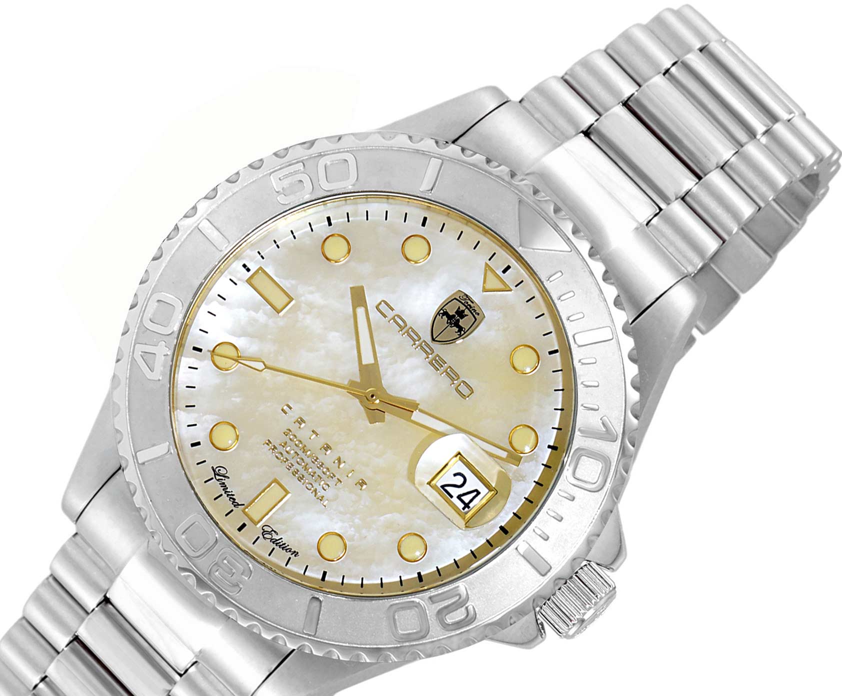 Lechateau Watches Men's Automatic - Magnifying Date, Yellow MOP Dial with Silvertone and Band  - C1S266BU-GO - Retail at (MSRP: $ 2,124.00)