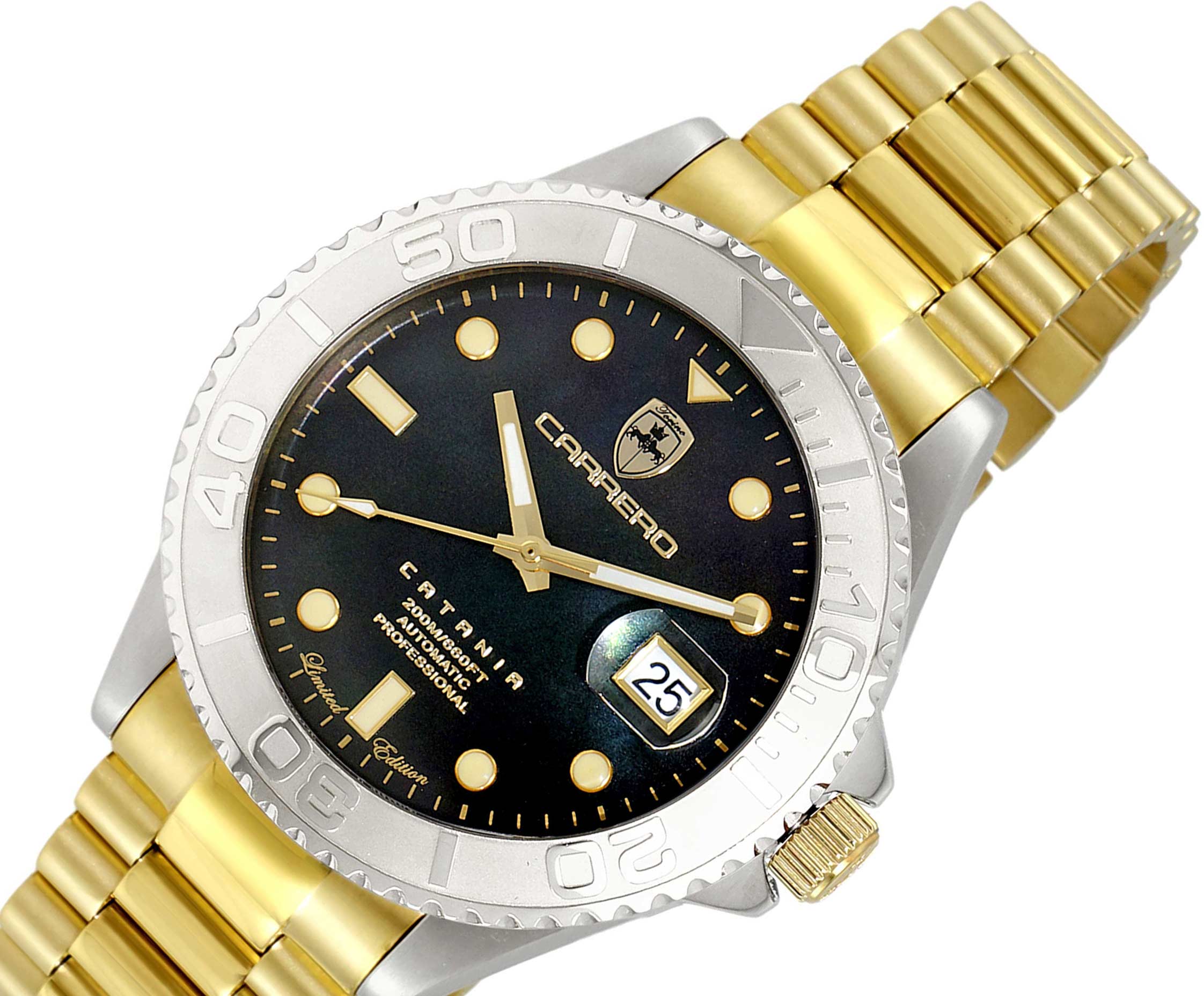 Lechateau Watches Men's Automatic - Magnifying Date, Black MOP Dial with Silvertone Case and Goldtone Band  - C1S266BU-BKGO_GO - Retail at (MSRP: $ 2,124.00)