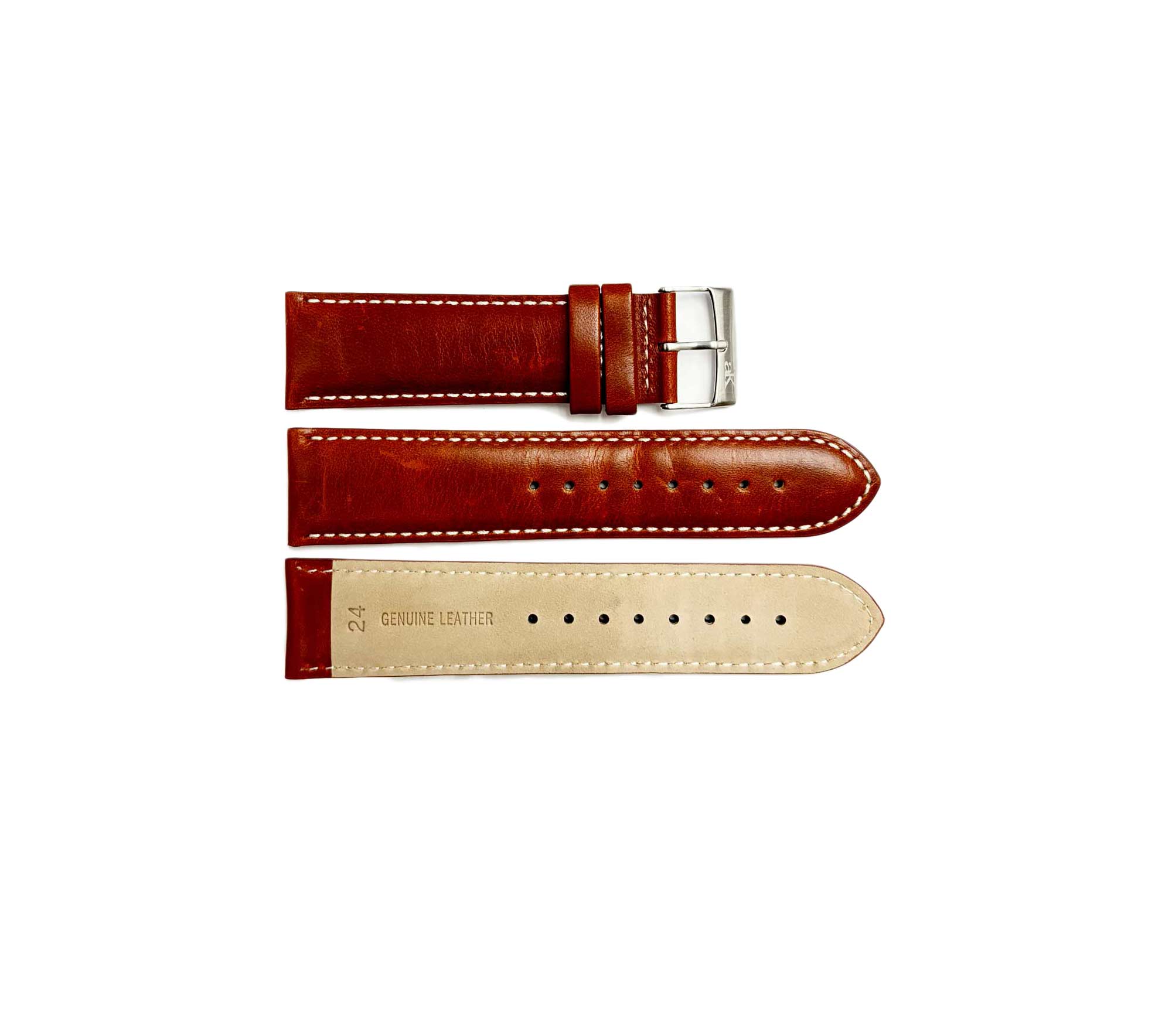 GENUINE LEATHER REPLACEMENT STRAP (24mm) -  BROWN COLOR SILVER BUCKLE - AK0001-BN