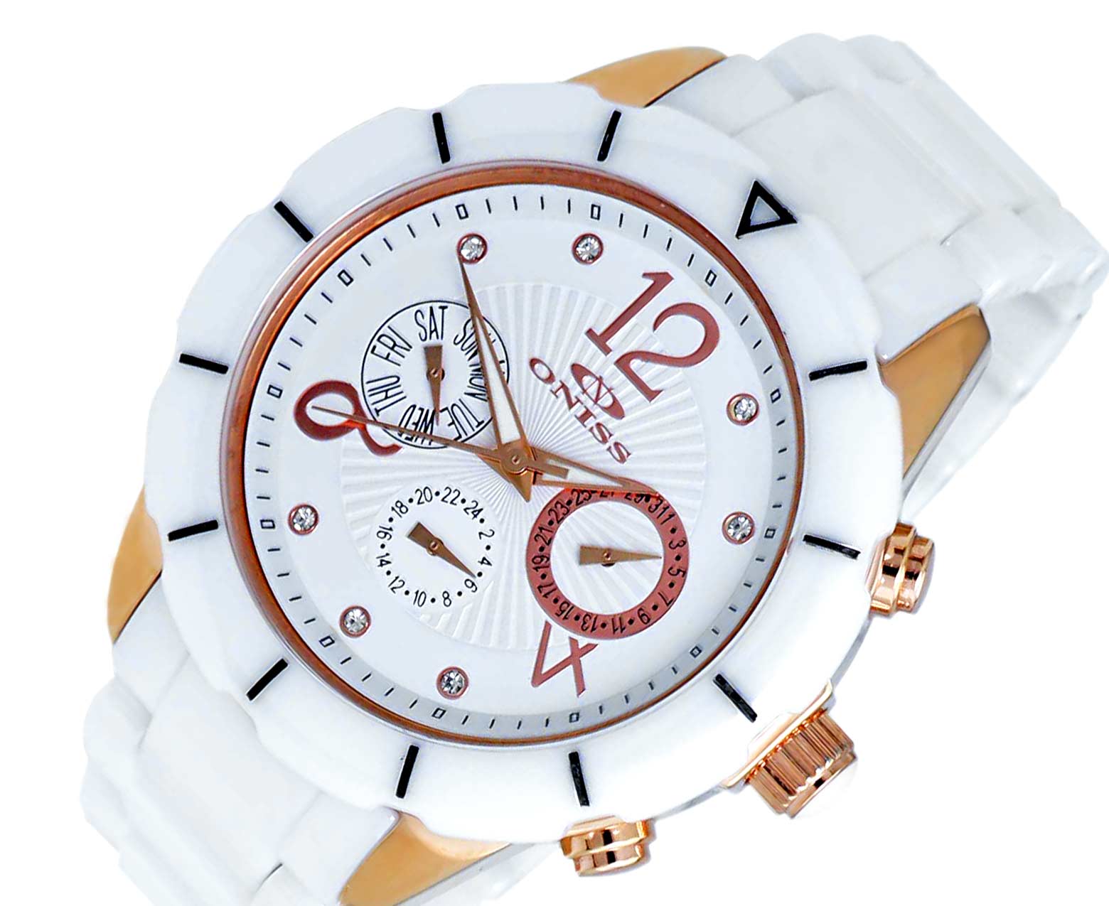 ONISS, White High-tech Ceramic band and Stainless Steel Case with White Ceramic Bezel Rose tone,  (MSRP: $ 550.00)
