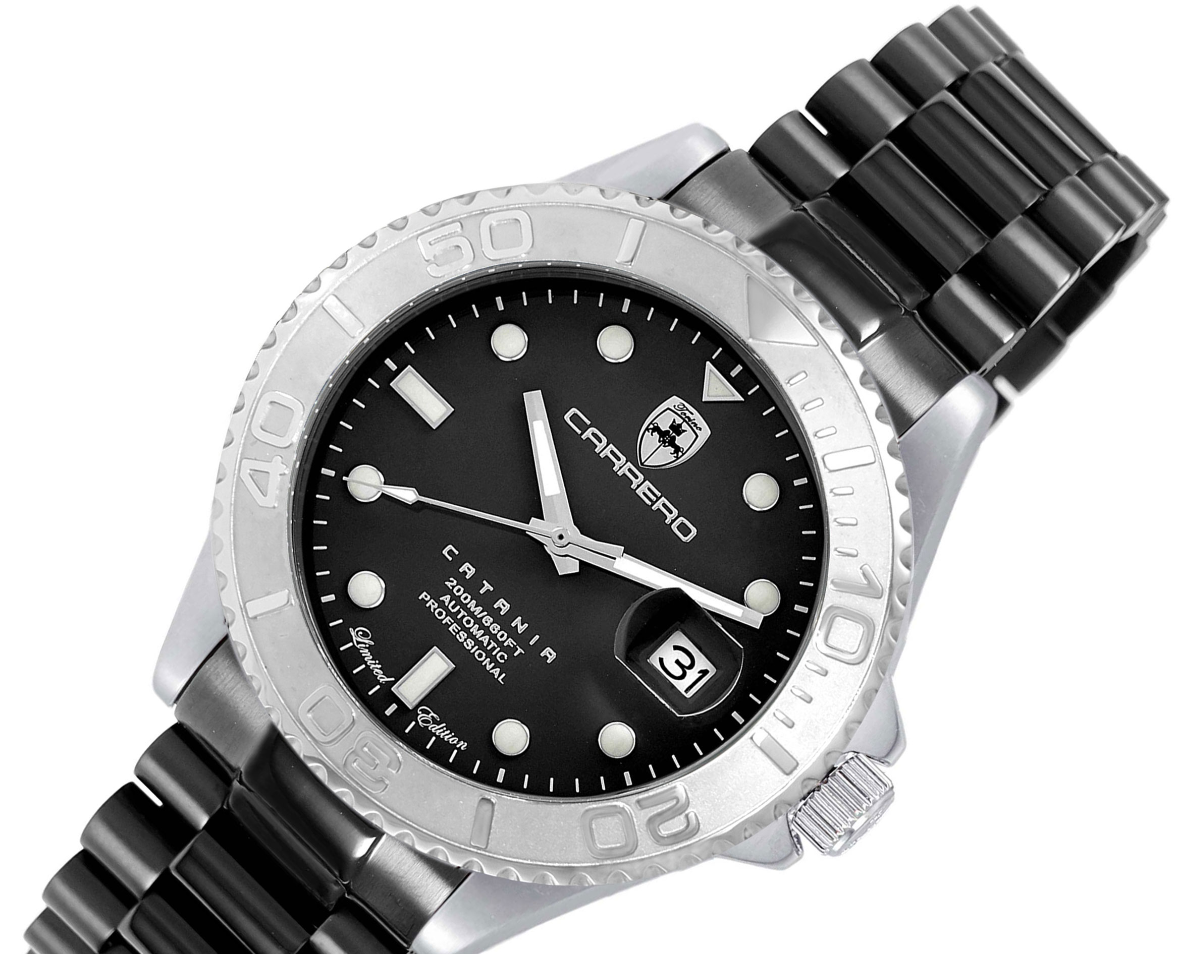 Lechateau Watches Men's Automatic - Magnifying Date, Black Dial and Bracelet with Silvertone Case, C1S266BU_BKIPB - Retail at (MSRP: $ 2,124.00)