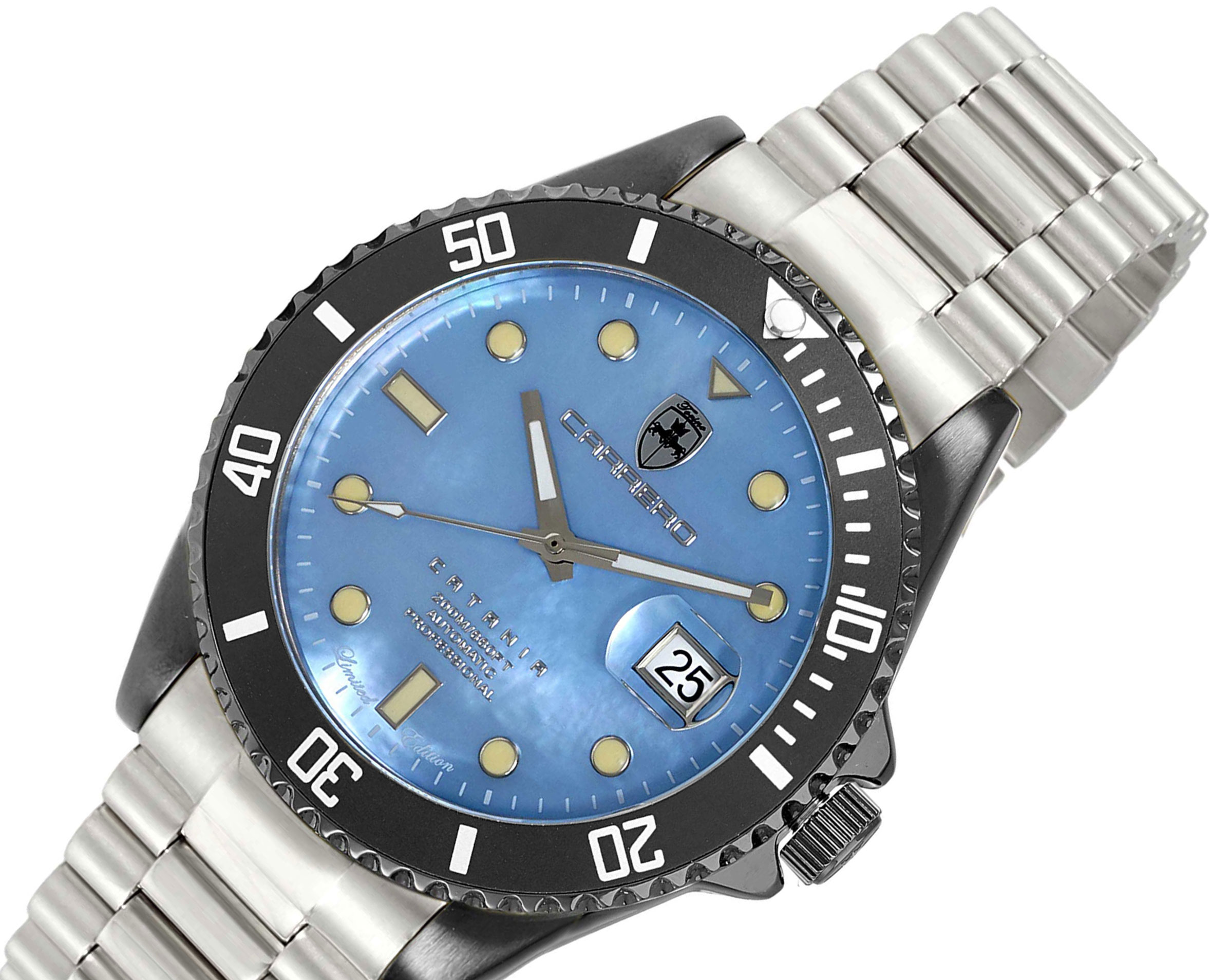 Lechateau Men's Automatic NH35 -21 JEWELS, Blue MOP w/ Magnifying Date Dial with Exhibition Back, Black-IP - C1BK888BK-BU_SS - Retail at (MSRP: $ 2,124.00)