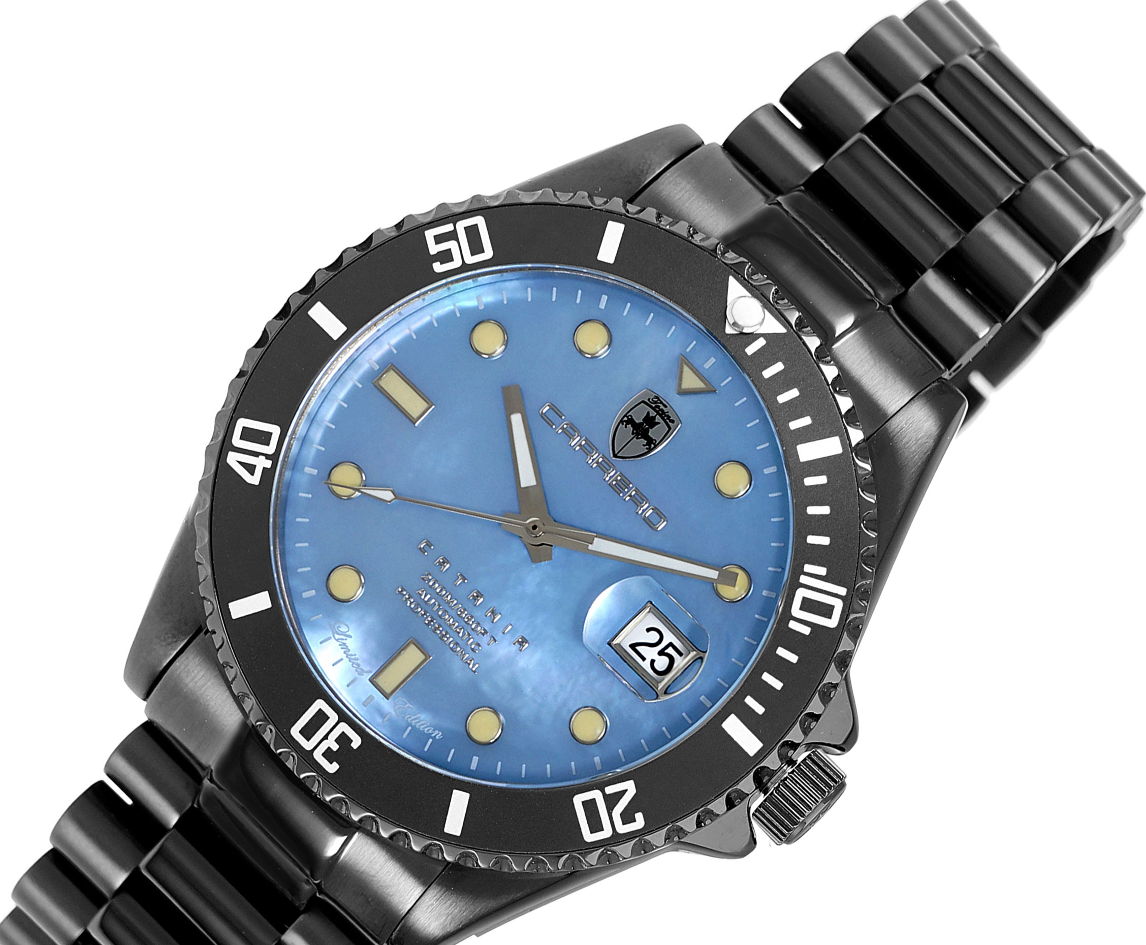 Lechateau Men's Automatic NH35 -21 JEWELS, Blue MOP w/ Magnifying Date Dial with Exhibition Back, Black-IP, C1B888BK_BU -  Retail at (MSRP: $ 2,124.00)