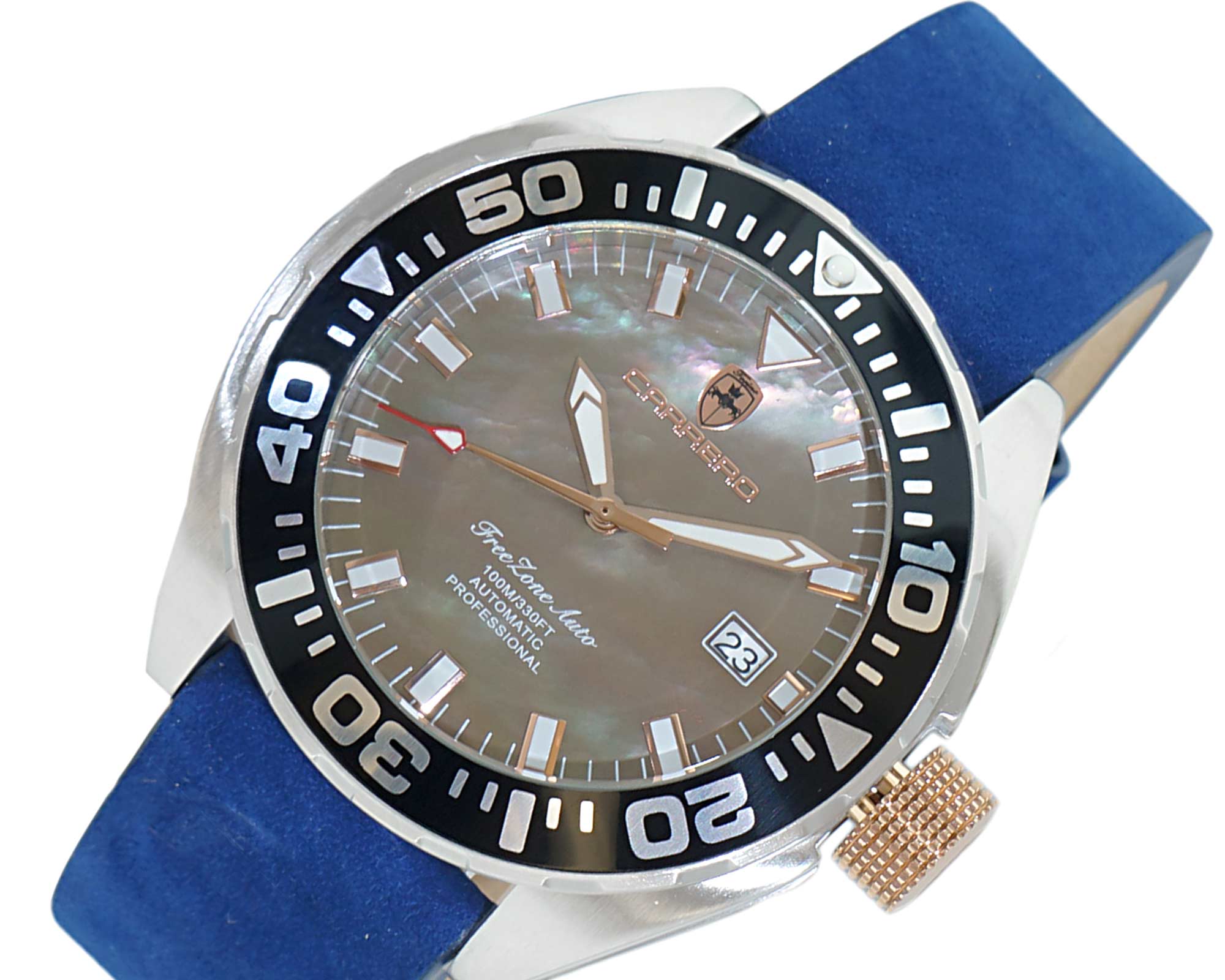 LeChateau, Men's Automatic NH35-24 JEWEL Mov't, Brown MOP- Dial - Black Bezel, Blue Sued Leather band, C1S8925-BN_LBU - MSRP: $2,388.00