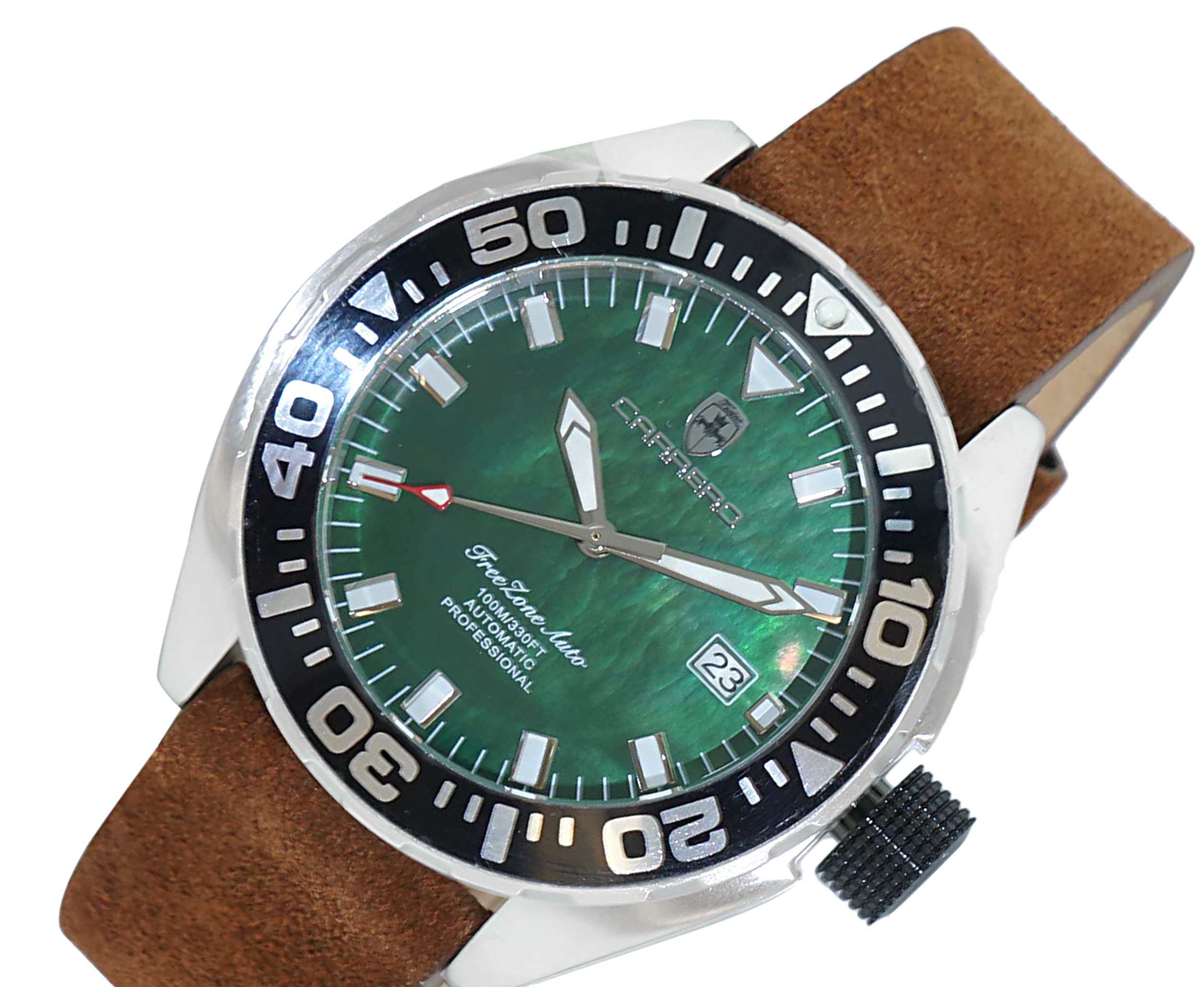 LeChateau, Men's Automatic NH35-24 JEWEL Mov't, GREEN MOP- Dial - Black Bezel, Brown Sued Leather  Band, C1S8925-GN_LBN - MSRP: $2,388.00