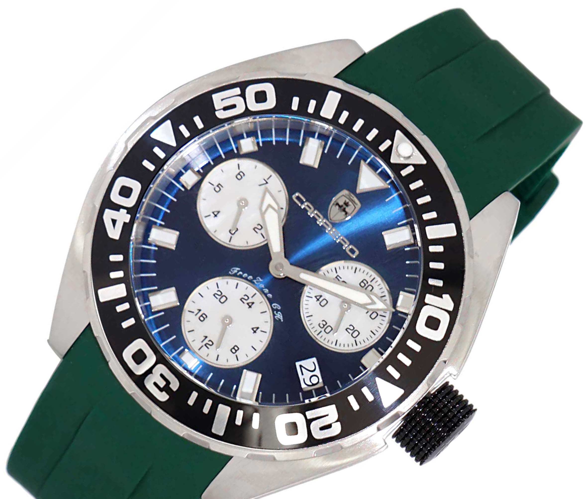 LeChateau, Men's Swiss Multi-Functiom Ronda X30 Movement, Blue Dial - Black Bezel, Green Silicon Band,  C1BK8824-BU_GN     - MSRP: $2,340.00