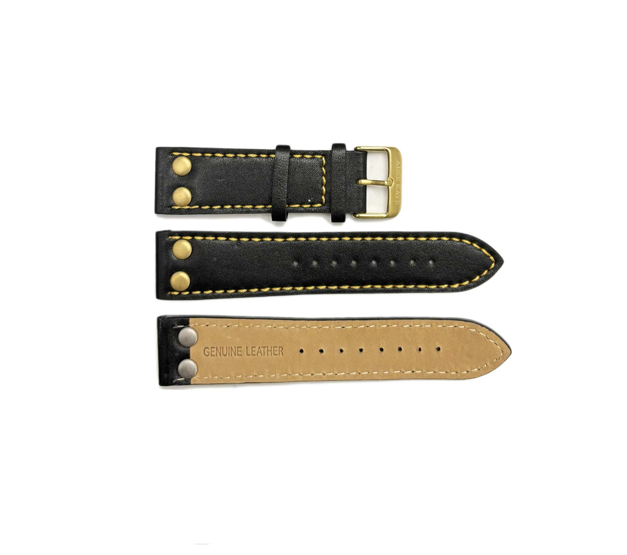 GENUINE LEATHER STRAP (24 mm) -  BLACK-YELLOW-GOLD BUCKLE) SOFT SHINE TEXTURE - AK0007YL-BKGO