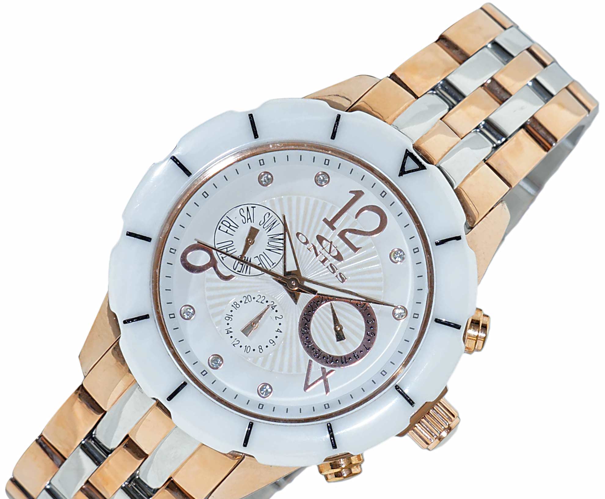 ONISS  White High-tech Ceramic  and Stainless Steel Case with 2-tone Rose Stainless Steel Band ,  ON7200-MB_TTR (MSRP: $ 550.00)