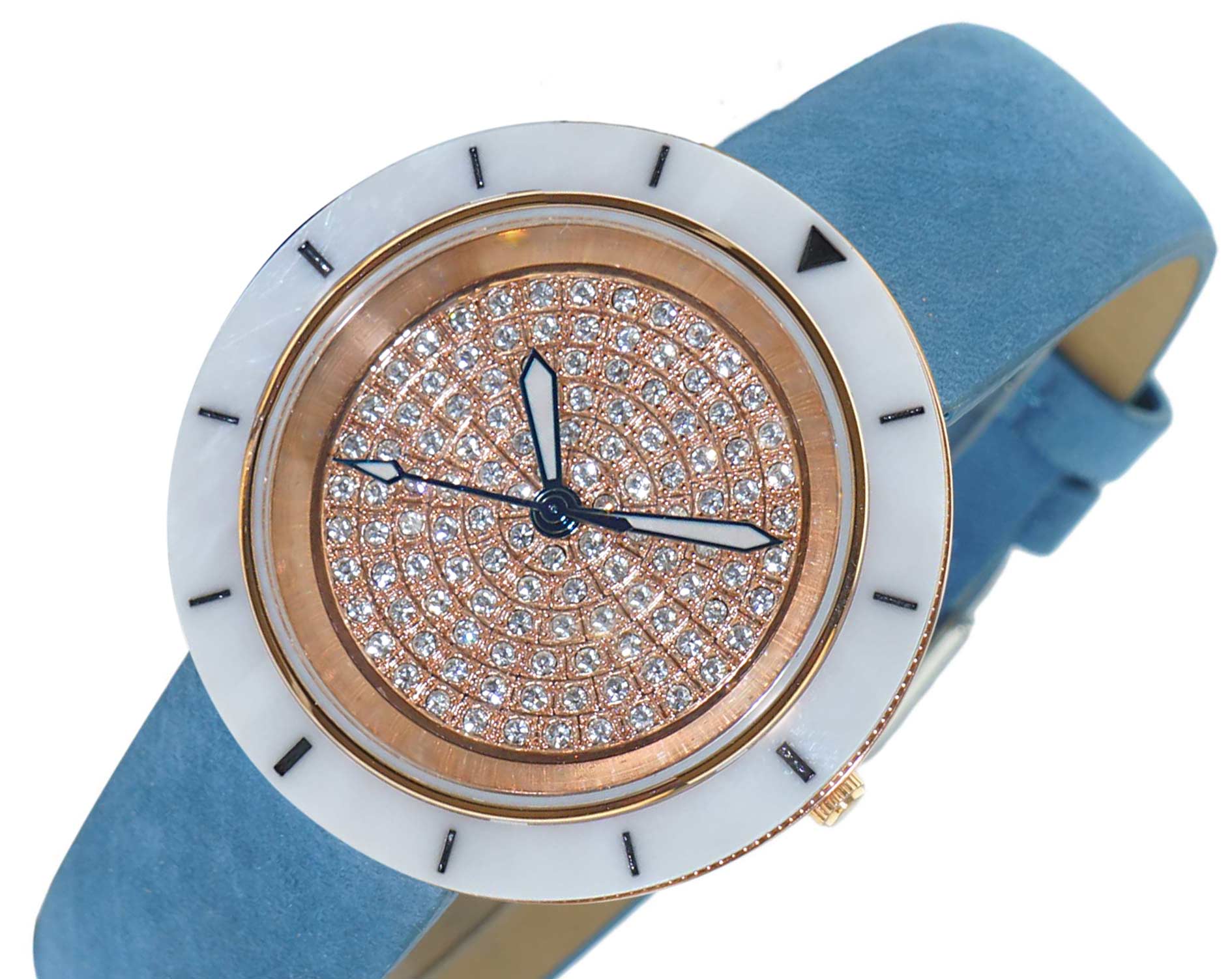 ONISS  Ladies, White High-tech Ceramic and Stainless Steel Case and Blue Genuine Leather Strap, Rose tone , ON7262-LBU (MSRP:  $550.00)