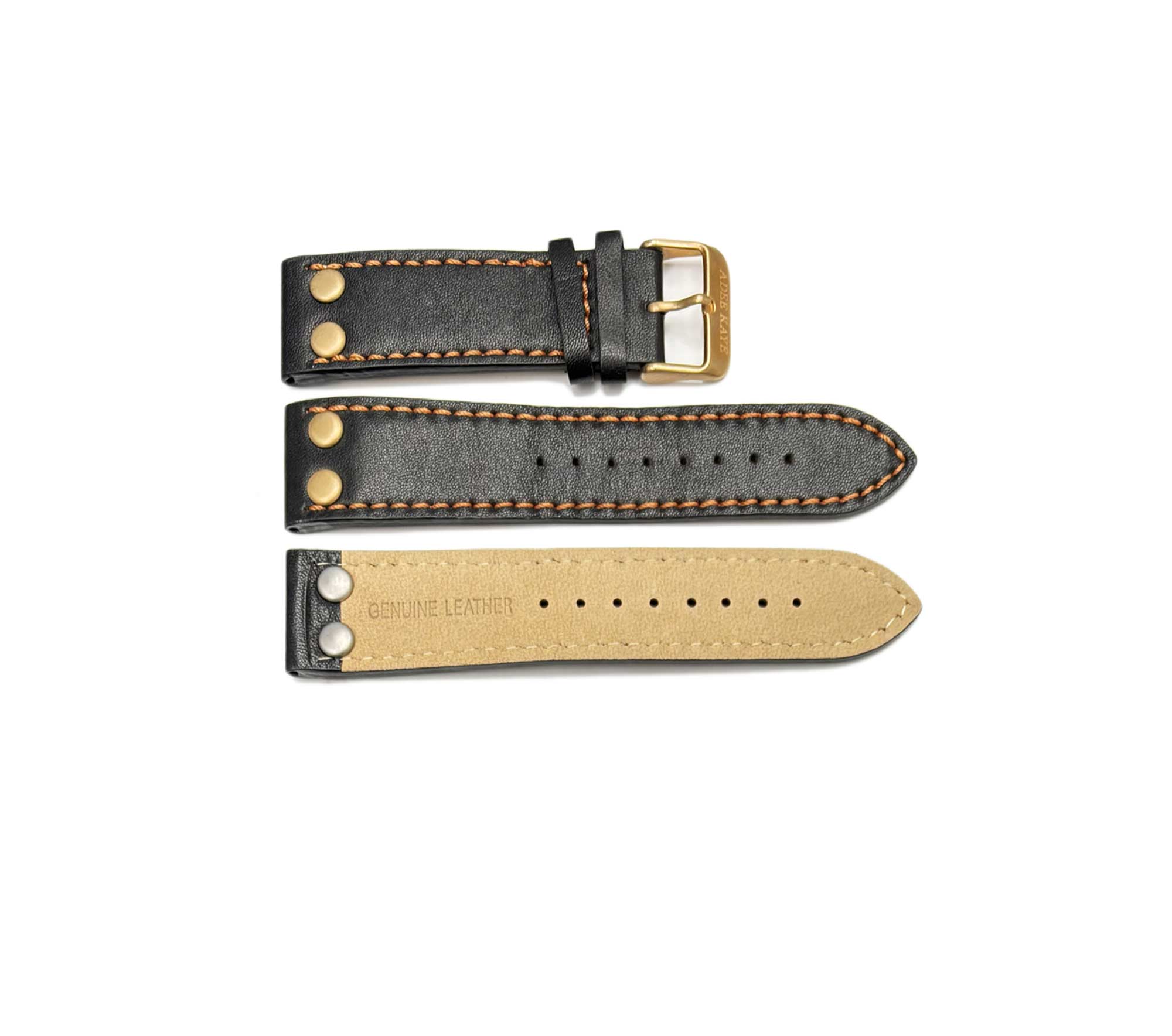 GENUINE LEATHER STRAP (24 mm) -  BLACK-ORANGE-ROSETONE BUCKLE) SOFT SHINE TEXTURE - AK0007OR-BKRG