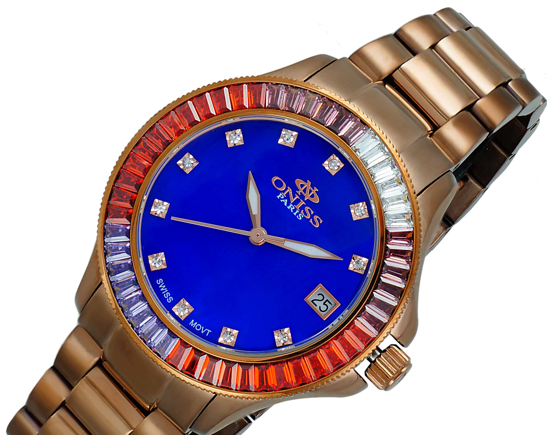 ONISS SWISS MOVEMENT, MULTI-COLOR AUSTRIAN CRYSTAL ACCENT, BLUE MOP DIAL,  ON7324-60BURG - RETAIL AT (MSRP:  $550.00)
