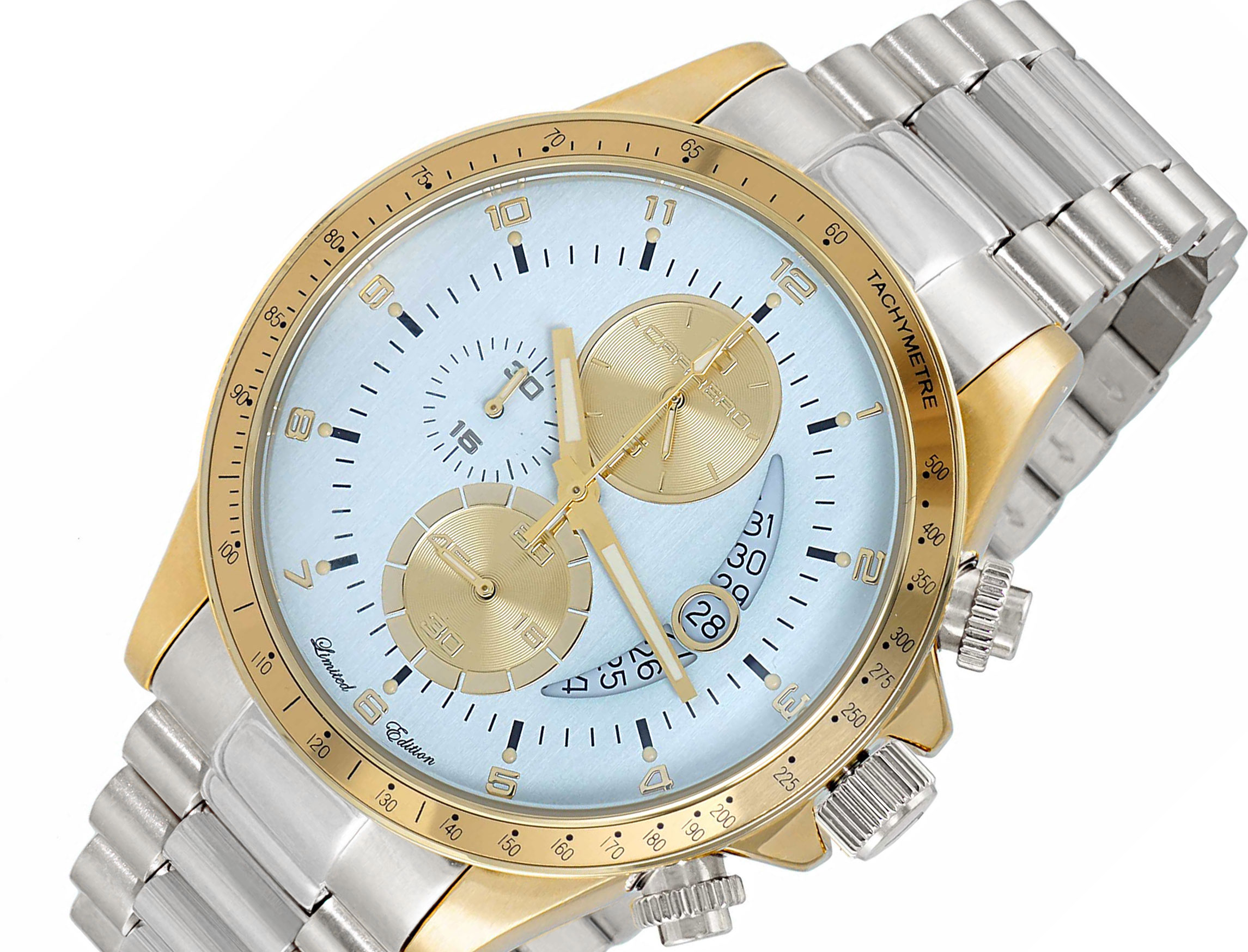 Lechateau Mens, Swiss-Ronda Chronograph Mov't, 2- Told Gold Case, Light Blue -Date Dial, C2T101LBU_SS- MSRP: $2,468.00