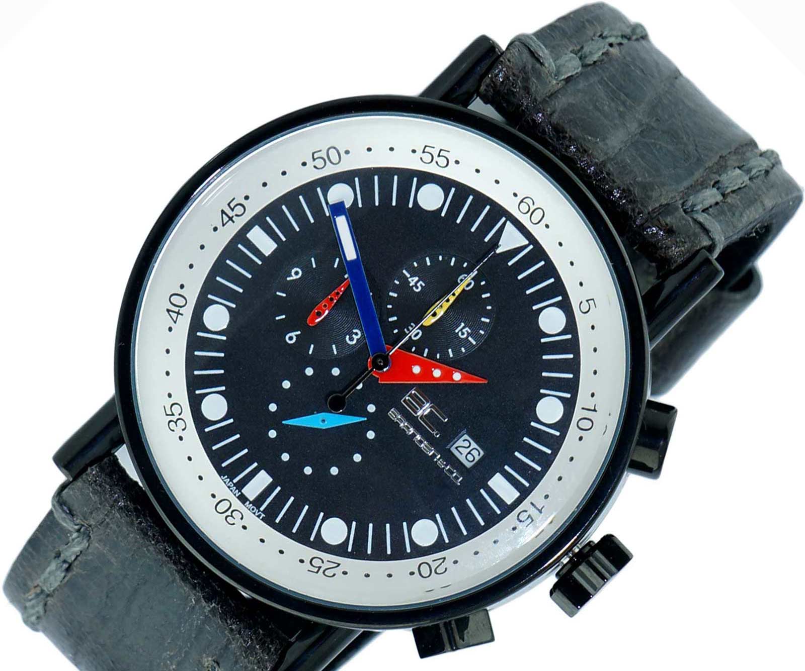 ADEE KAYE CHRONOGRAPH MOV'T, BLACK-IP STAINLESS STEEL CASE, BLACK VINTAGE STRAP,  MULTI- COLOR HANDS ,  AT (MSRP:$625.00)