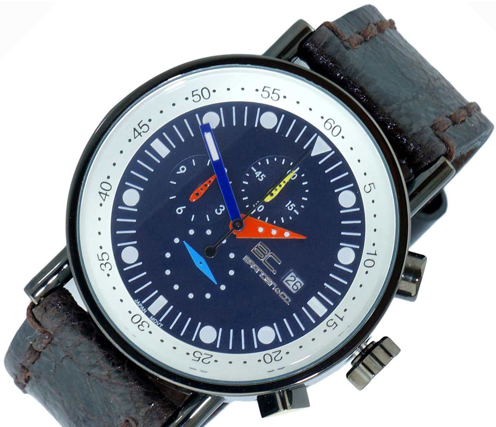 ADEE KAYE CHRONOGRAPH MOV'T, BLUE DIAL BLACK-IP STAINLESS STEEL CASE, BROWN VINTAGE STRAP,  MBC2226-BUBN_VIN,  AT (MSRP:$625.00)