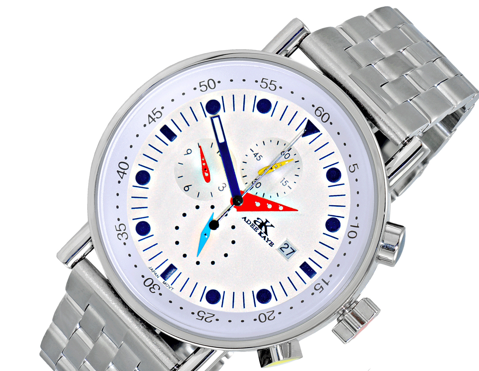 ADEE KAYE CHRONOGRAPH MOV'T, STAINLESS STEEL CASE AND BAND,  MULTI- COLOR HANDS , (MSRP:$675.00)