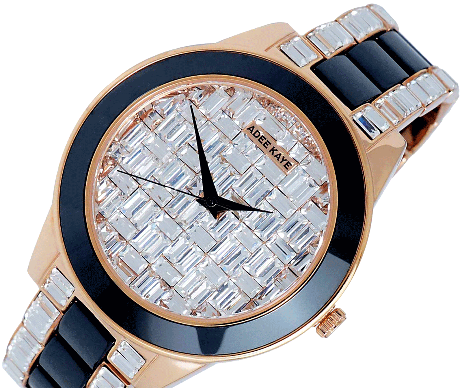 ADEE KAYE FLORENCE , BLACK HIGH-TECH CERAMIC AND ROSE TONE STAINLESS STEEL, 72 pcs BAGUETTE SETTING STONE, MSRP: $635.00