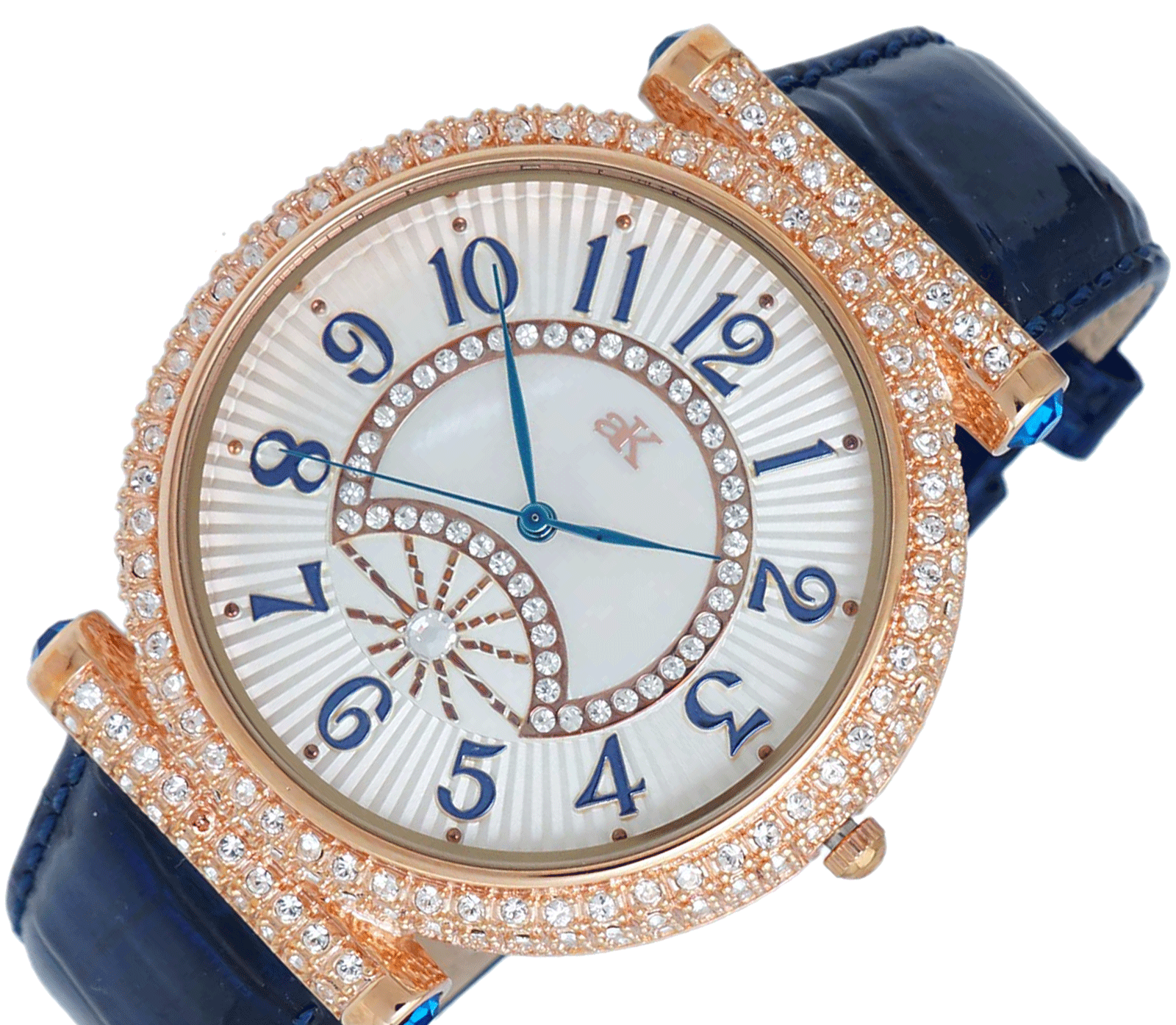 ADEE KAYE, "FLORENCE" ROSE TONE, 239 pcs TOTAL STONE, WHITE MOP DIAL, BLUE  STRAP, MSRP: $525.00
