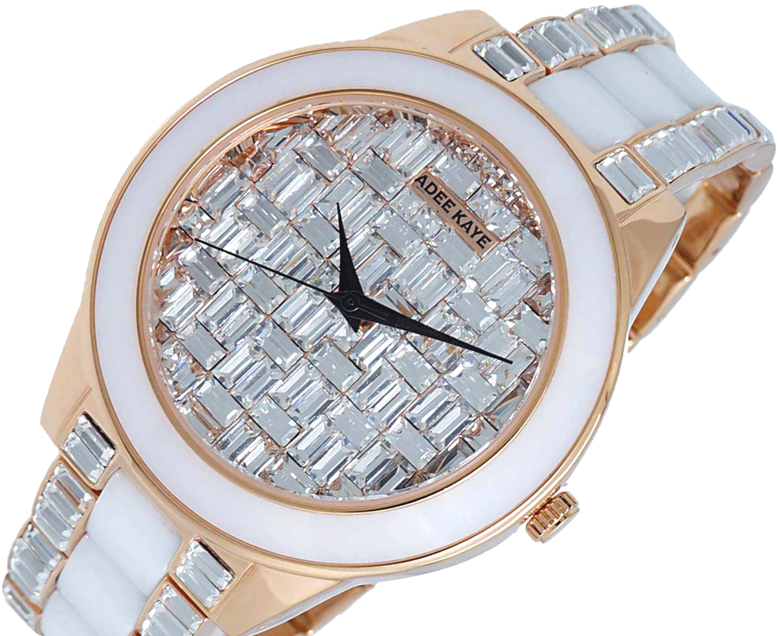 ADEE KAYE FLORENCE, WHITE HIGH-TECH CERAMIC AND ROSE TONE STAINLESS STEEL, 72 pcs BAGUETTE SETTING STONE, MSRP: $635.00
