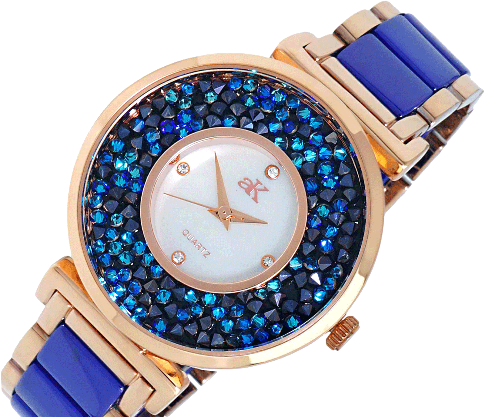 ADEE KAYE LADIES, BLUE HIGH -TECH CERAMIC, AND ROSETONE STAINLESS STEEL CASE, WHITE MOP DIAL, MSRP: $495.00