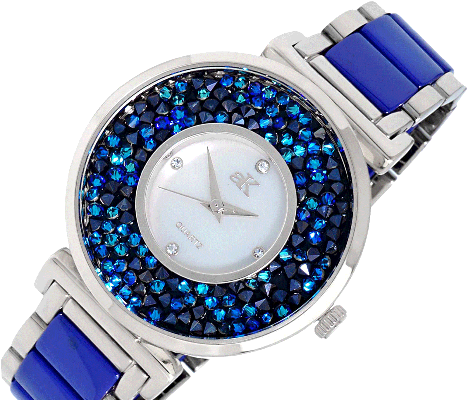 ADEE KAYE LADIES, BLUE HIGH -TECH CERAMIC, AND STAINLESS STEEL CASE, WHITE MOP DIAL WITH BLUE STONE, MSRP: $495.00