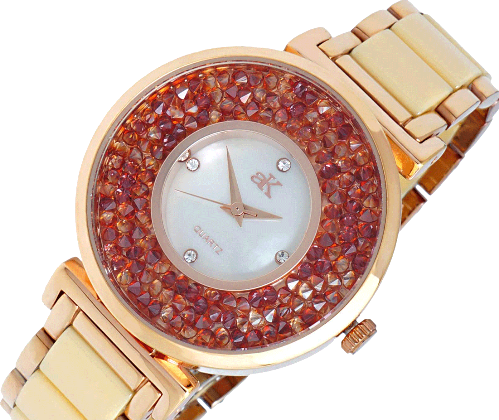 ADEE KAYE LADIES, EGG SHELL HIGH -TECH CERAMIC, AND STAINLESS STEEL CASE, WHITE MOP DIAL WITH RED ORANGE STONE, MSRP: $495.00
