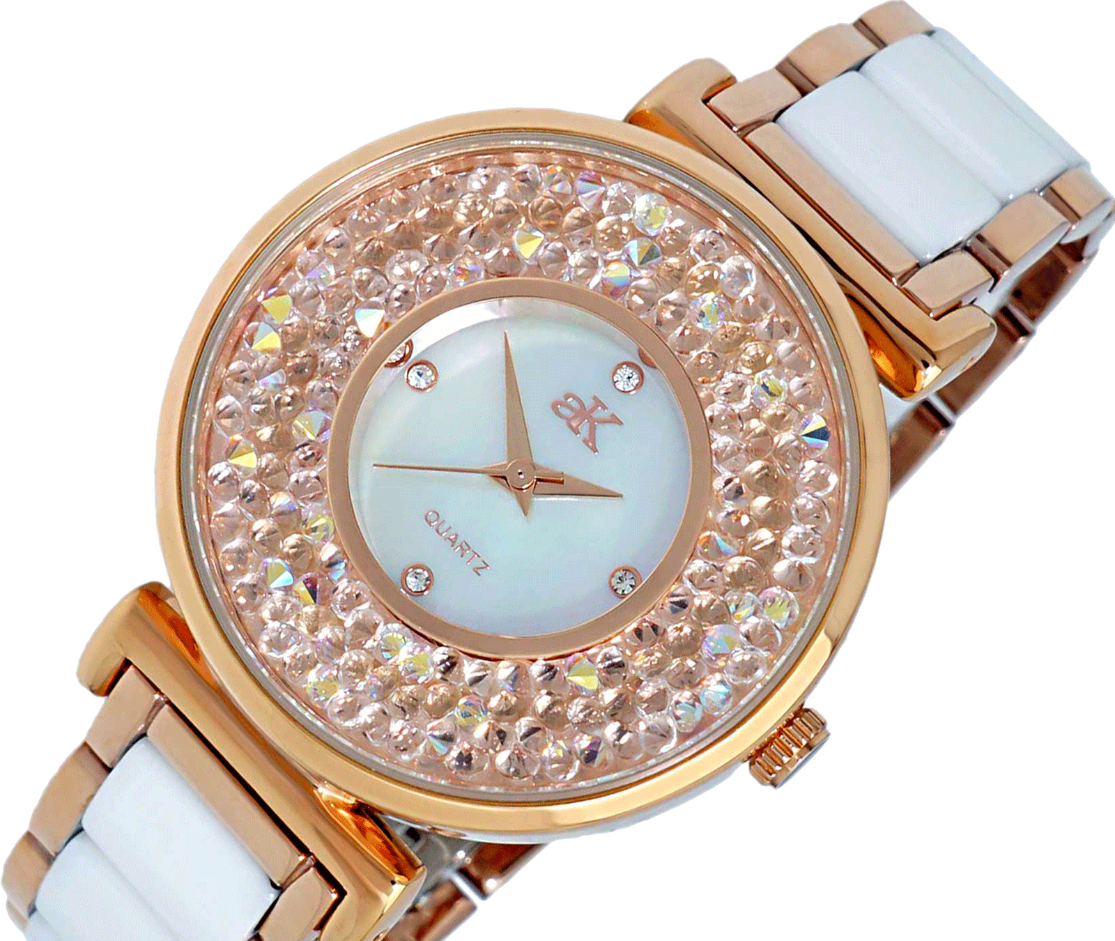 ADEE KAYE LADIES, WHITE HIGH -TECH CERAMIC, ROSE TONE STAINLESS STEEL CASE, WHITE MOP DIAL WITH WHITE STONE, MSRP: $495.00