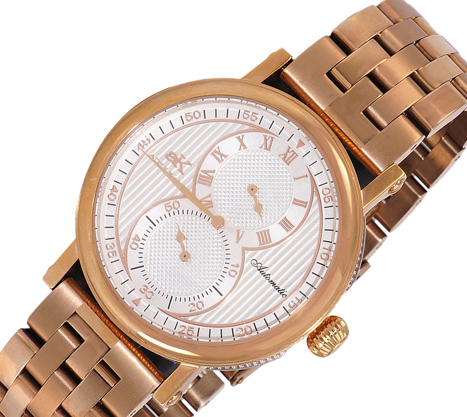Adee Kaye Men's Automatic Regulator (20 jewels TY2708) , Exhibition back. Rose tone , White Dial. Retail at (MSRP: $600.00)